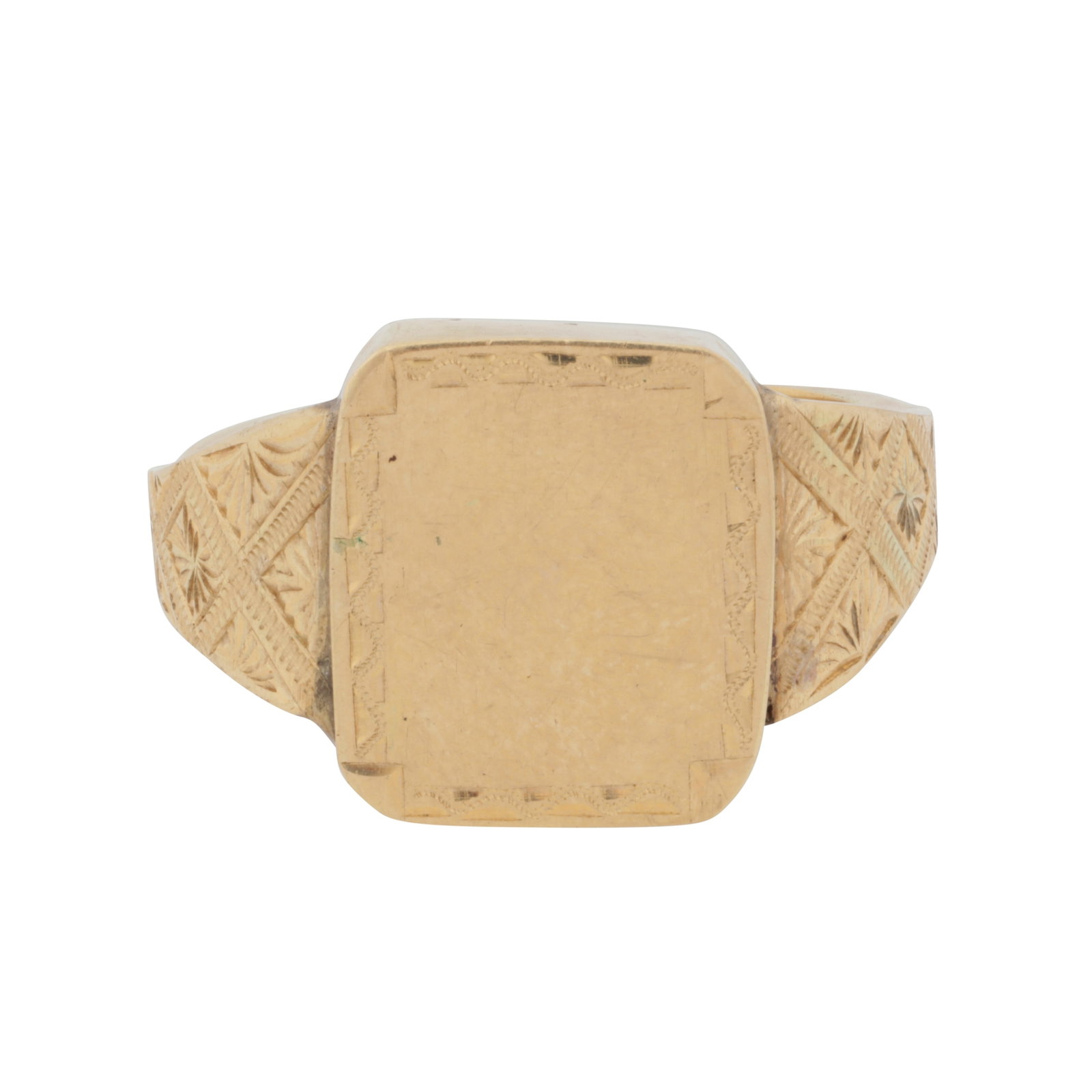 A signet ring Yellow metal: A signet ring Yellow metal Of rectangular shape, of polished finish, to engraved detailing, set in yellow metal, unmarked, ring size V¼ The item has been XRF tested and found to be 14ct gold.