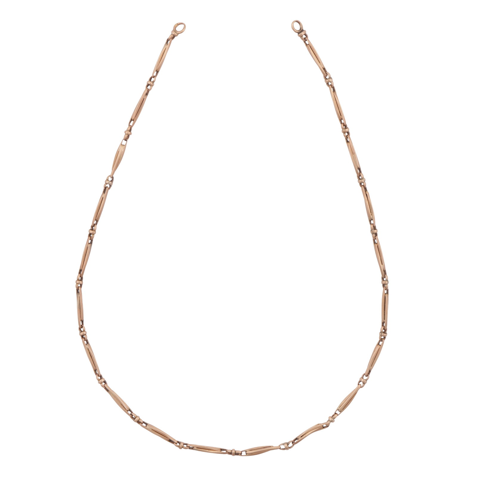 A fancy-link chain Yellow metal: A fancy-link chain Yellow metal Alternating pierced elongated links, set in yellow metal, clasp missing, unmarked, length 35.8cm The item has been XRF tested and found to be 14ct gold