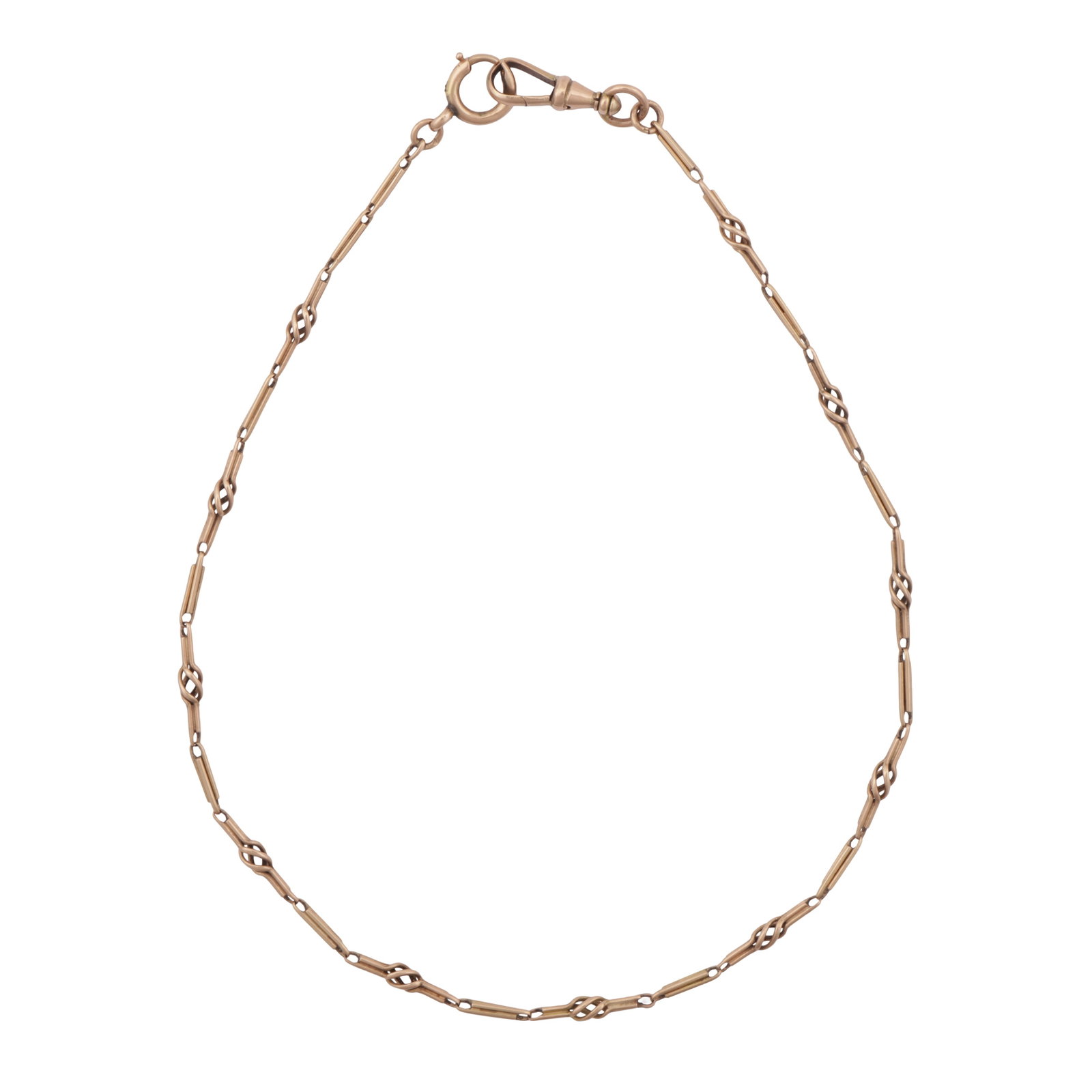 A fancy-link chain Yellow metal: A fancy-link chain Yellow metal Alternating pierced links, round and Albert clasps, set in yellow metal, unmarked, length approx. 37.0cm The item has been XRF tested and found to be 13 carat gold