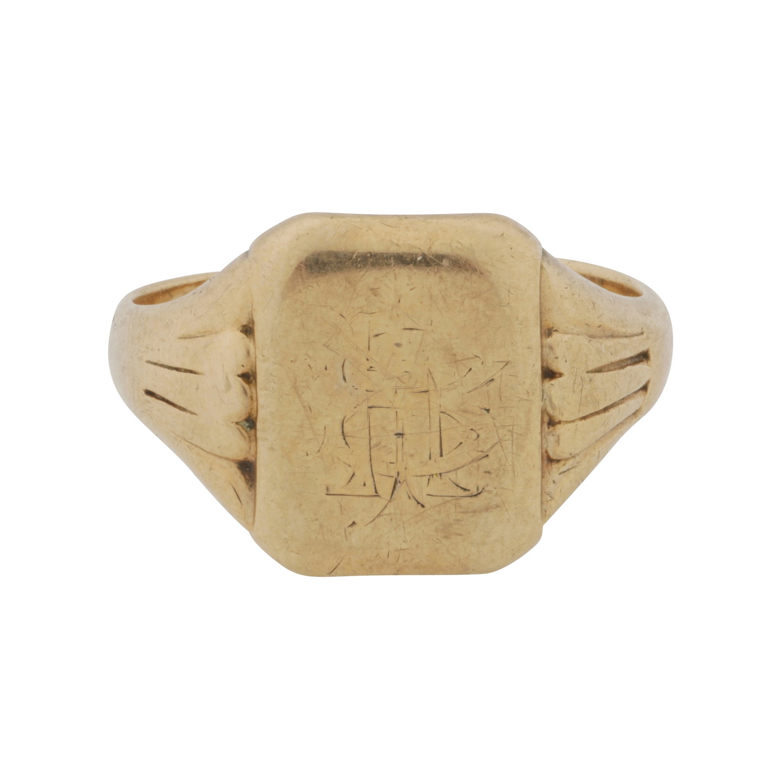 A signet ring 9ct yellow gold: A signet ring 9ct yellow gold Of rectangular design, partially visible monogram, to textured shoulders, split shank, maker's mark, UK hallmark, size S
