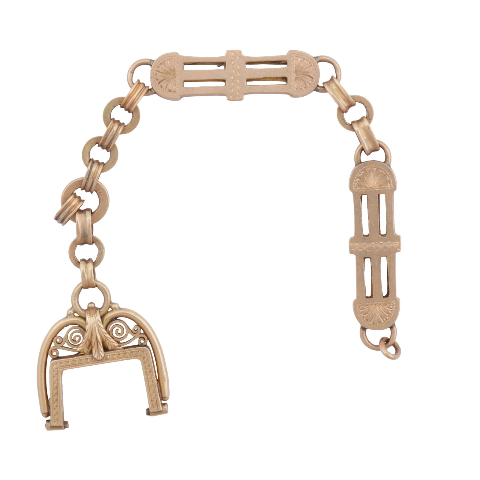 A watch chain Yellow metal: A watch chain Yellow metal Alternating round and elongated pierced bar links, to a swivel terminal, set in yellow metal, Austro-hungarian assay mark, length 15.0cm