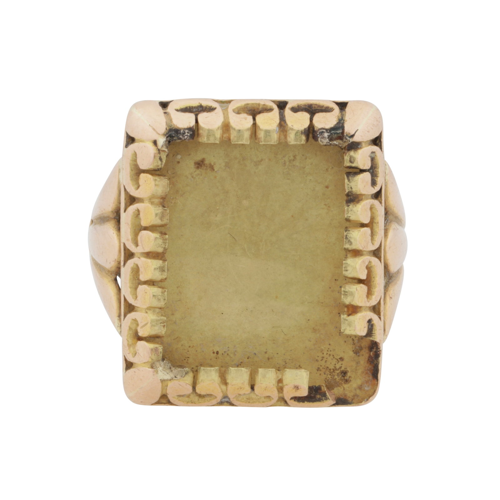 A ring mount Yellow metal: A ring mount Yellow metal To engraved stylised floral decoration, to a yellow mount, some parts of the collet and shank sectioned, Hungarian assay mark, ring size T½