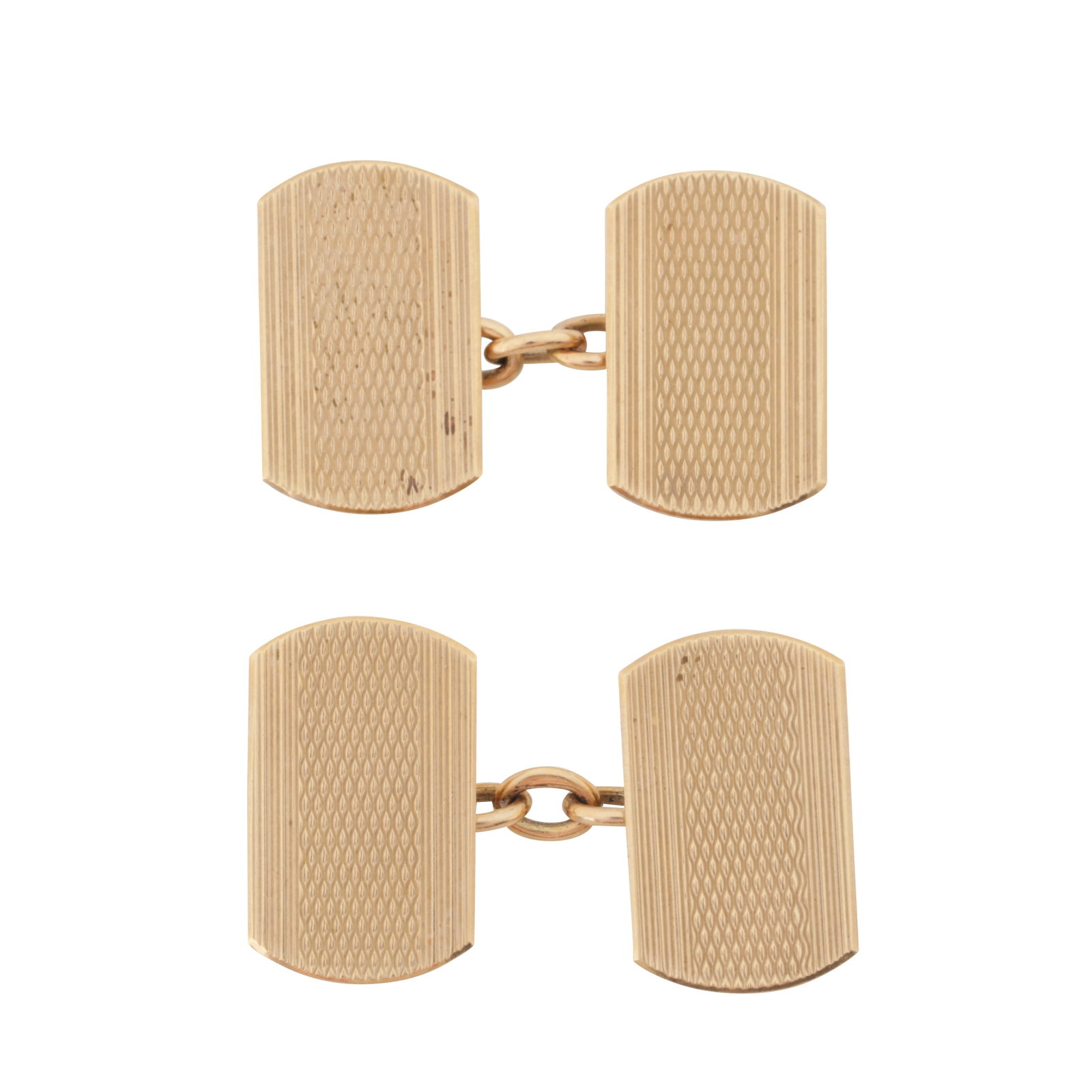 A pair of engraved cufflinks 9ct yellow gold: A pair of engraved cufflinks 9ct yellow gold Double-sided: Each rectangular-shaped terminal of engine-turned decoration, between cable-link connectors, maker's mark, UK hallmark, terminal length 1.2cm