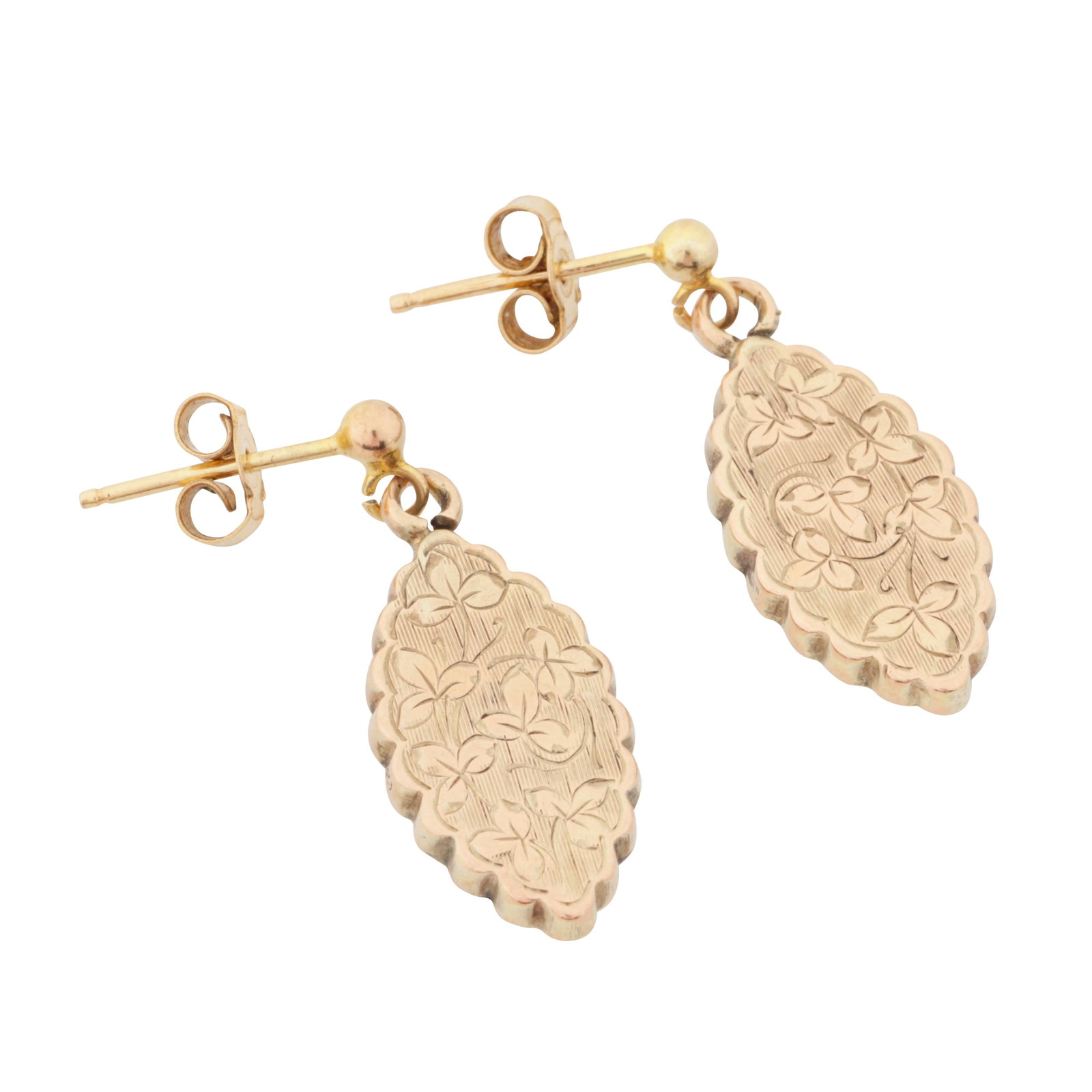A pair of pendent earrings 9ct yellow gold: A pair of pendent earrings 9ct yellow gold Of lozenge design, engraved with leaf motifs, post and butterfly fittings, maker's mark, UK hallmark, length 2.5cm