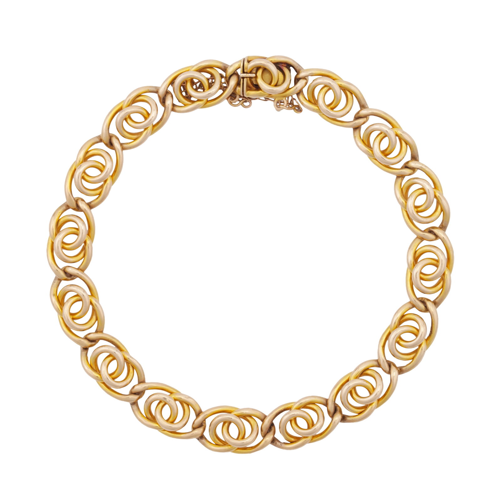A fancy link chain bracelet Yellow metal: A fancy link chain bracelet Yellow metal Of polished and articulated design, concealed box clasp and safety chain, stamped 15ct, length 19.2cm