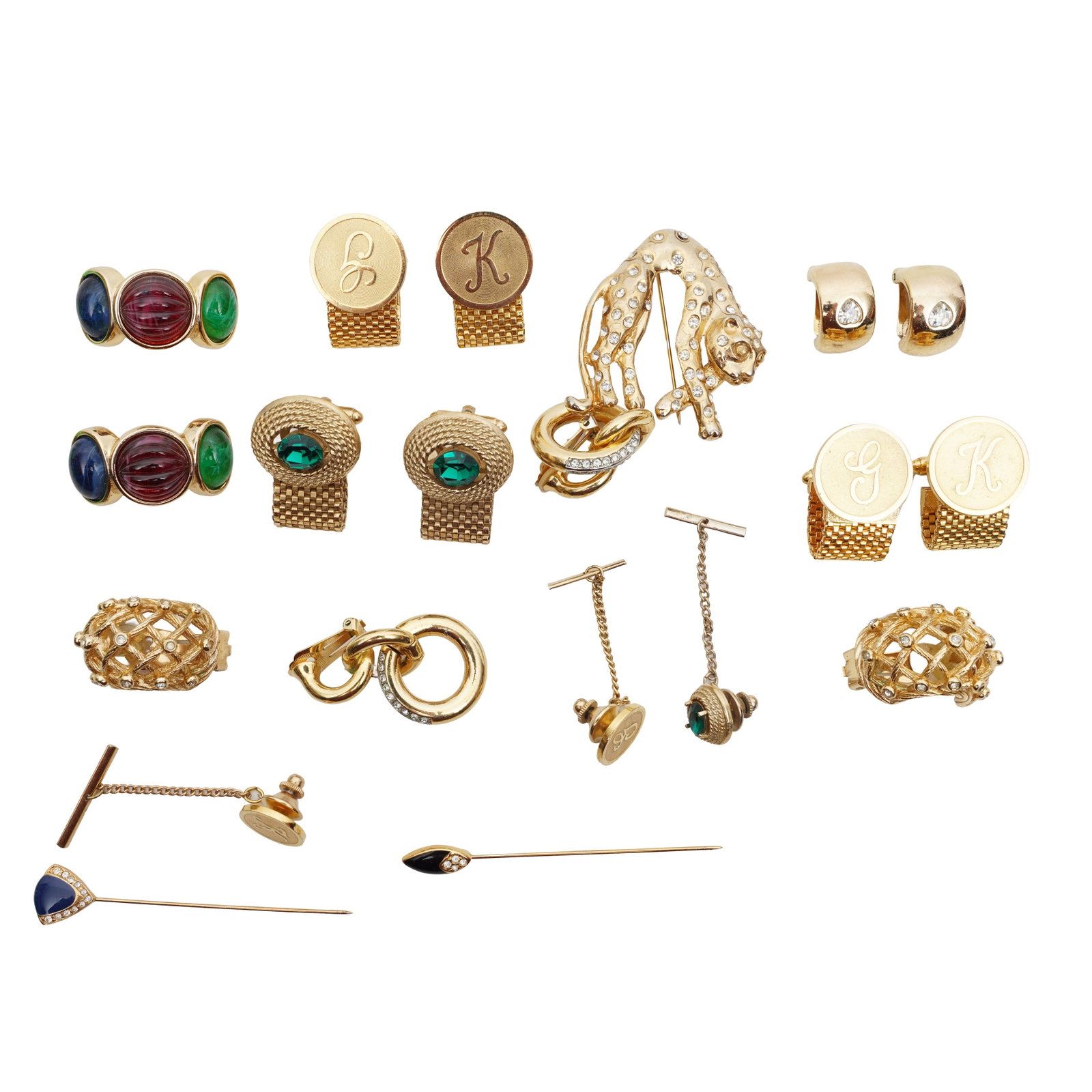 A group of costume jewellery Yellow metal: A group of costume jewellery Yellow metal To include three pairs of Dante cufflinks and dress studs, three pairs of Grossé earrings, a panther brooch, and two pins; metal untested, various sizes
