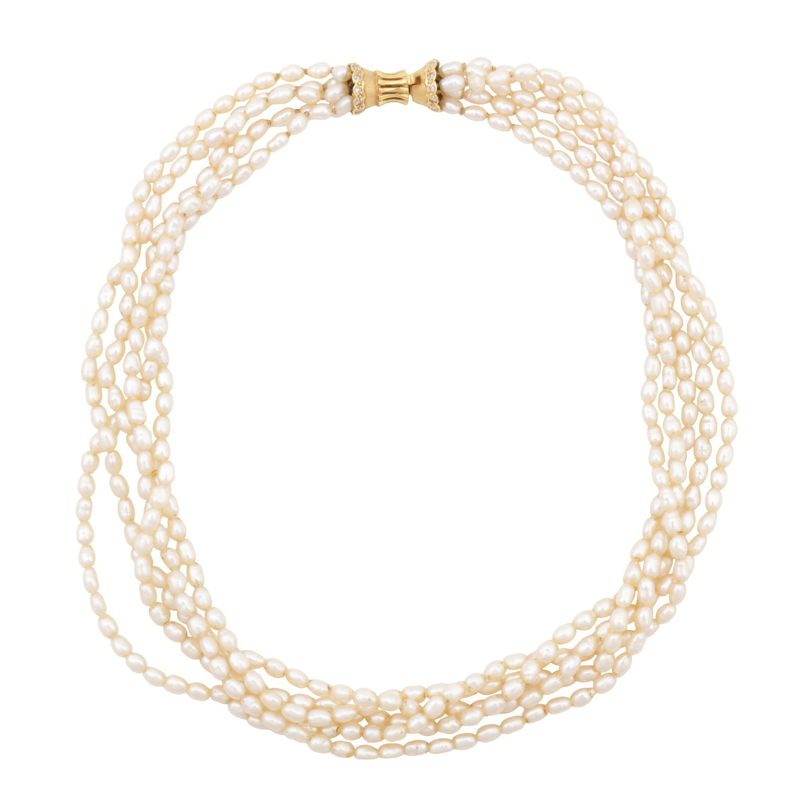 A freshwater pearl and diamond necklace Yellow metal: A freshwater pearl and diamond necklace Yellow metal The five strands of cultured pearls, on a single-cut diamond push clasp set in yellow metal stamped 750, length 41.0cm