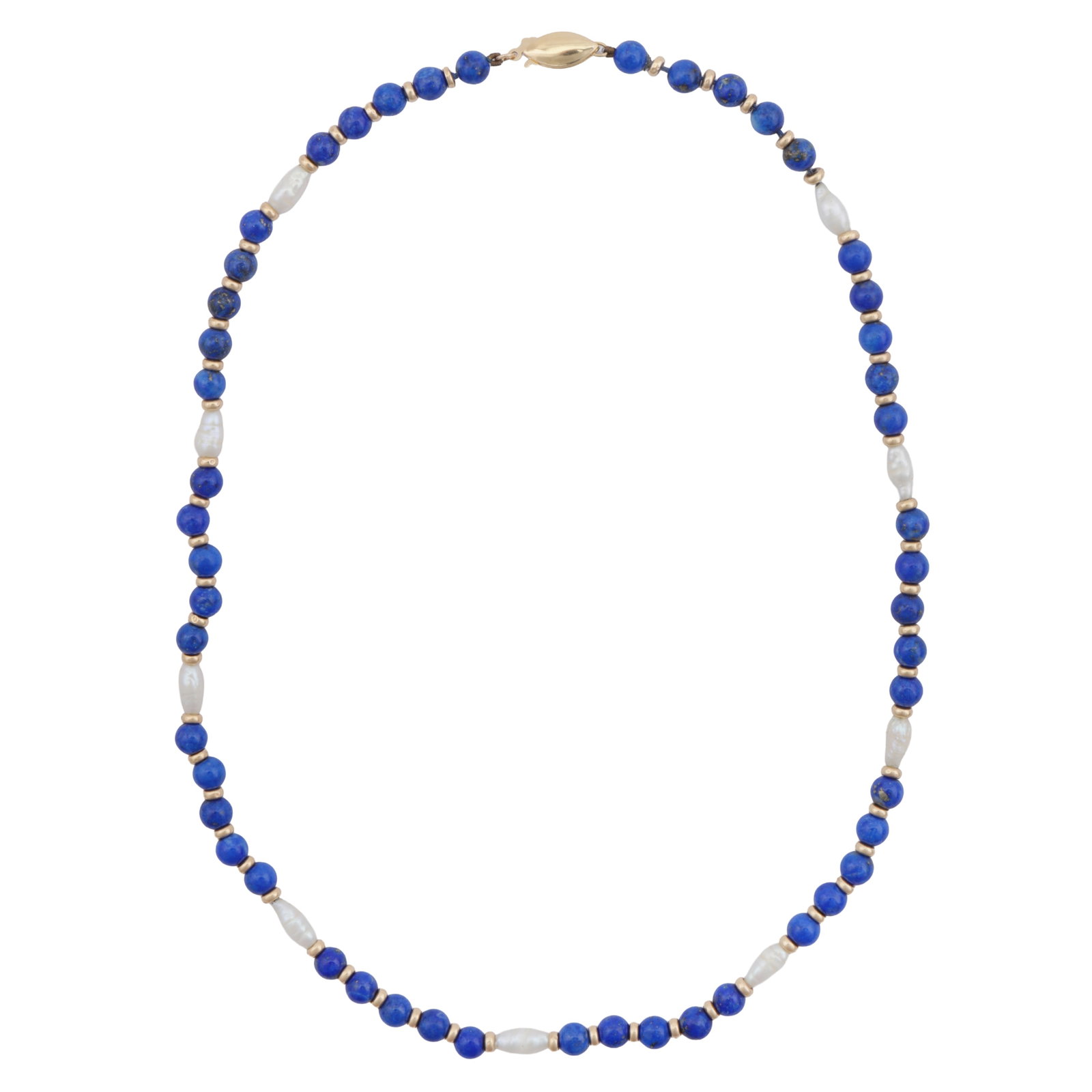 A lapis lazuli and pearl bead necklace Yellow metal: A lapis lazuli and pearl bead necklace Yellow metal Set with lapis lazuli beads, accented by rice pearls of white tint, interspersed by metal rondelles, to a lozenge fishhook clasp, clasp stamped 14K,