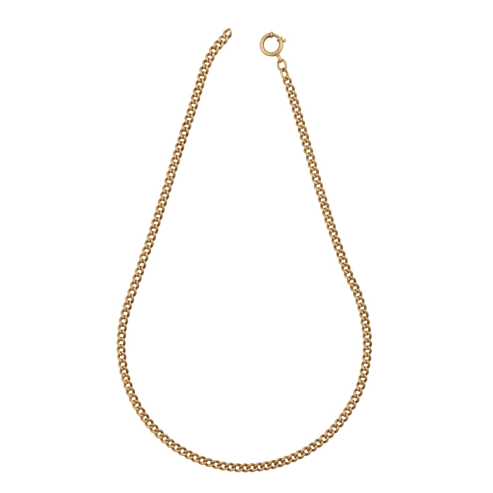 A curb link chain necklace Yellow metal: A curb link chain necklace Yellow metal Of polished design, bolt ring clasp (broken), unmarked, length 44.5cm The item has been XRF tested and found to be 14ct gold.
