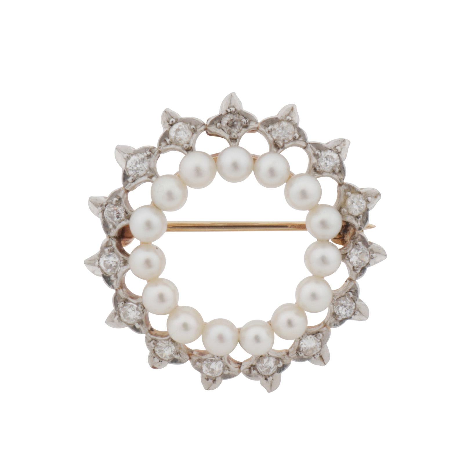 A pearl and diamond brooch Yellow and white metal: A pearl and diamond brooch Yellow and white metal Of openwork design, set with a row of white pearls and old-cut diamonds, pin and catch, unmarked, length 2.6cm The item has been XRF tested and found