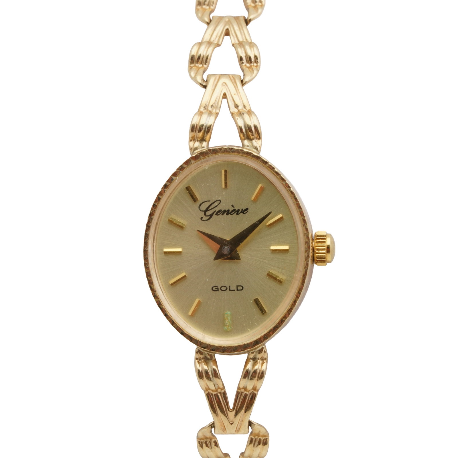 Gèneve Bracelet Watch 9K Gold: Gèneve Bracelet Watch 9K Gold Model/Type: 'Gold' Dress Date: c.1980's Movement: Quartz Dial: Gilt, applied gilt-metal baton hour markers Bracelet: 9K gold, integral, fold-over clasp Size: 14 x