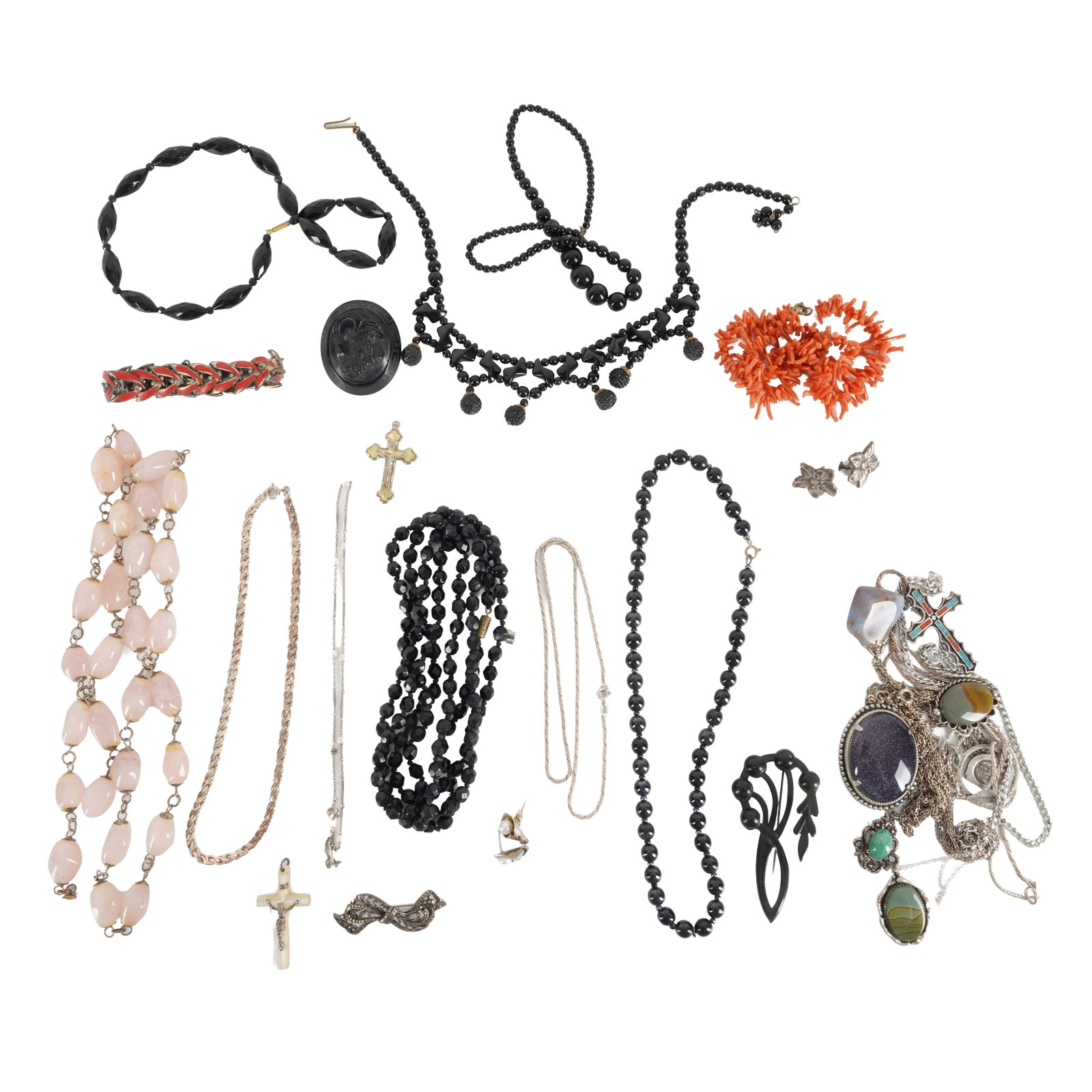 A collection of silver and gem set jewellery White and yellow metal: A collection of silver and gem set jewellery White and yellow metal To include necklaces, pendants, brooches, earrings, and a bracelet; some set with gemstones such as jet, coral, and rose quartz; som