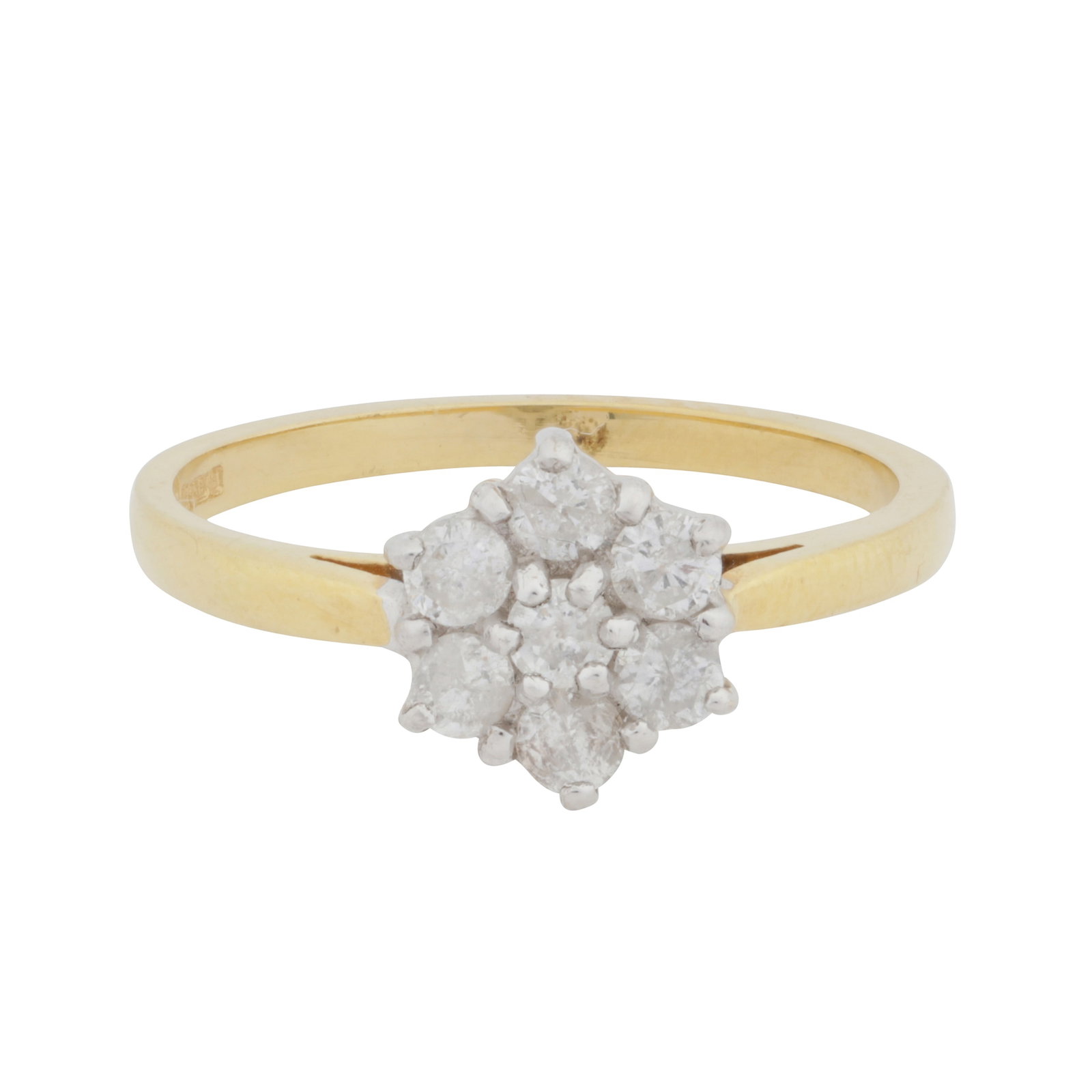 A diamond cluster ring 18 carat yellow and white gold: A diamond cluster ring 18 carat yellow and white gold Of flowerhead design, set with brilliant-cut diamonds, mounted in 18 carat yellow and white gold, diamonds approx. 0.50 carat total, UK hallmark,