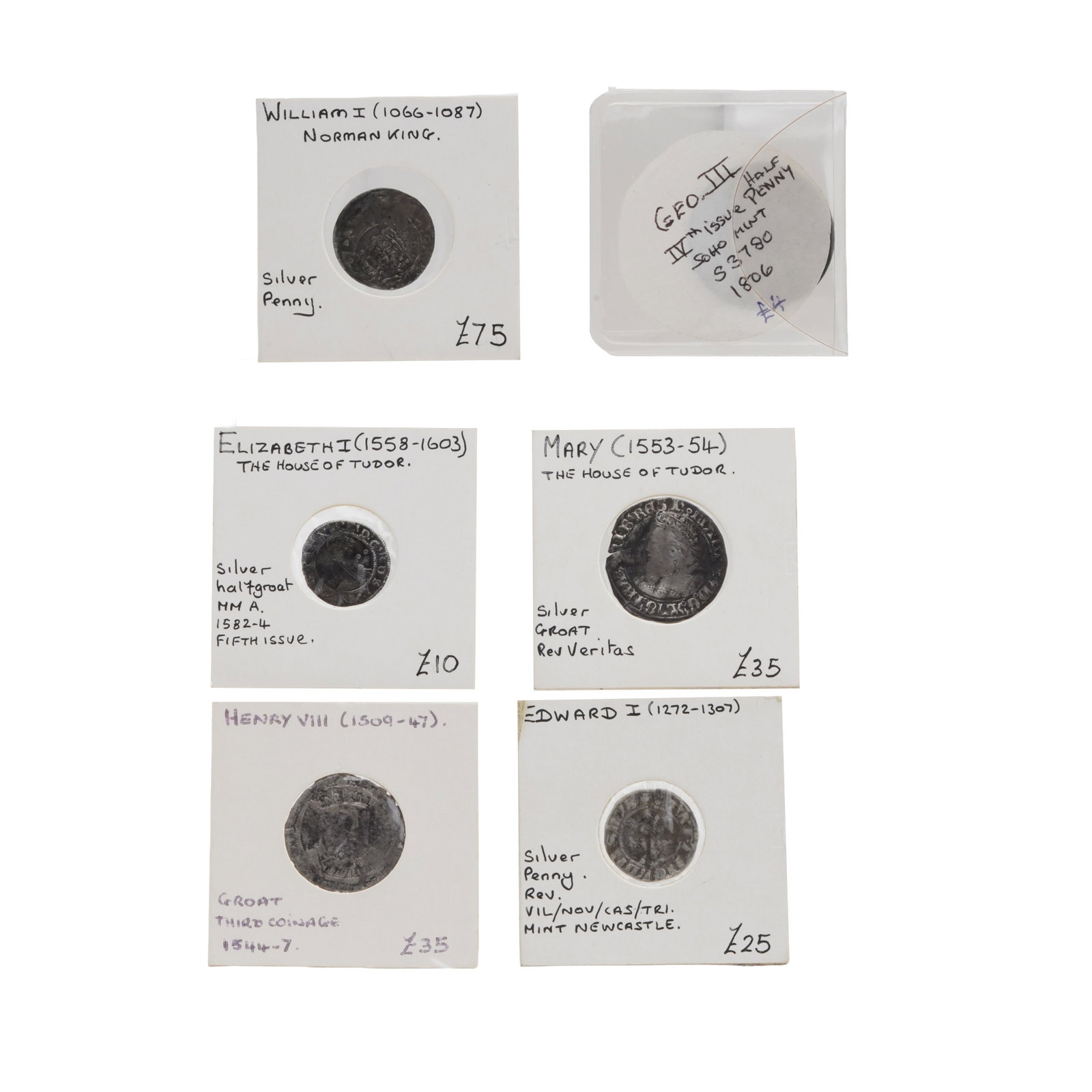 GB Hammered & Milled Coins to include Silver: GB Hammered & Milled Coins to include Silver A group of silver coins, including a William I silver penny (1066-1087), a Henry VIII silver groat,(1544-7) a Mary I silver groat (1553-54), an Edward I