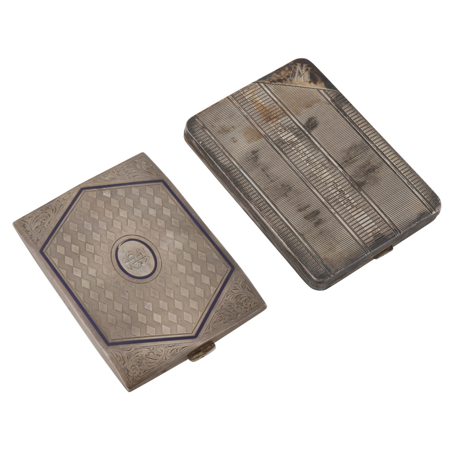 Two Hungarian 800 standard silver cigarette cases: Two Hungarian 800 standard silver cigarette cases Rectangular form with push button release, one with enamel. (2) Longest – 11.9 cm / 4.7 inches Weight – 302 grams / 9.71 ozt