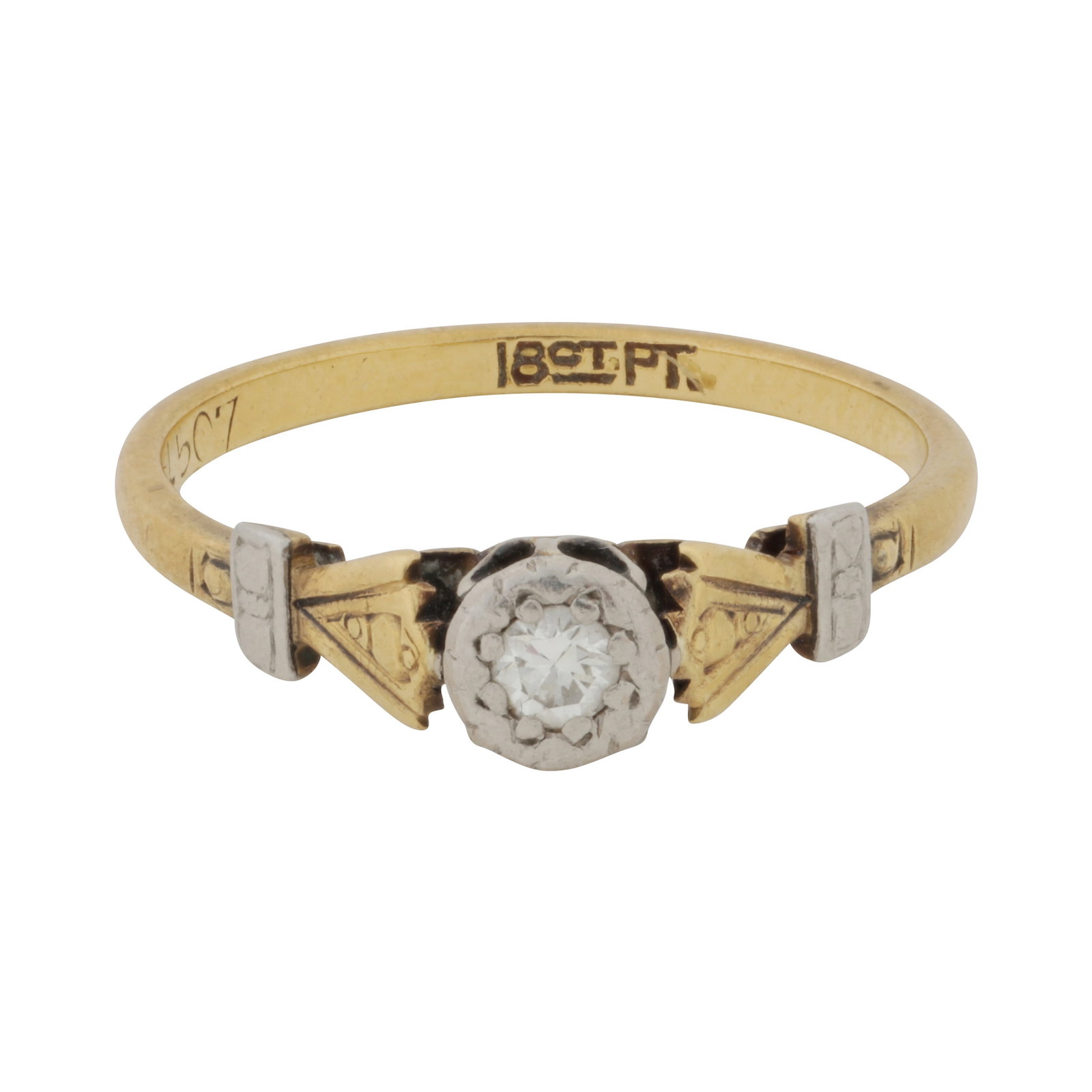 A diamond single stone ring Yellow and white metal: A diamond single stone ring Yellow and white metal Illusion-set with a brilliant-cut diamond, decorated shoulders, cathedral setting, stamped 18ct and Plat, ring size M