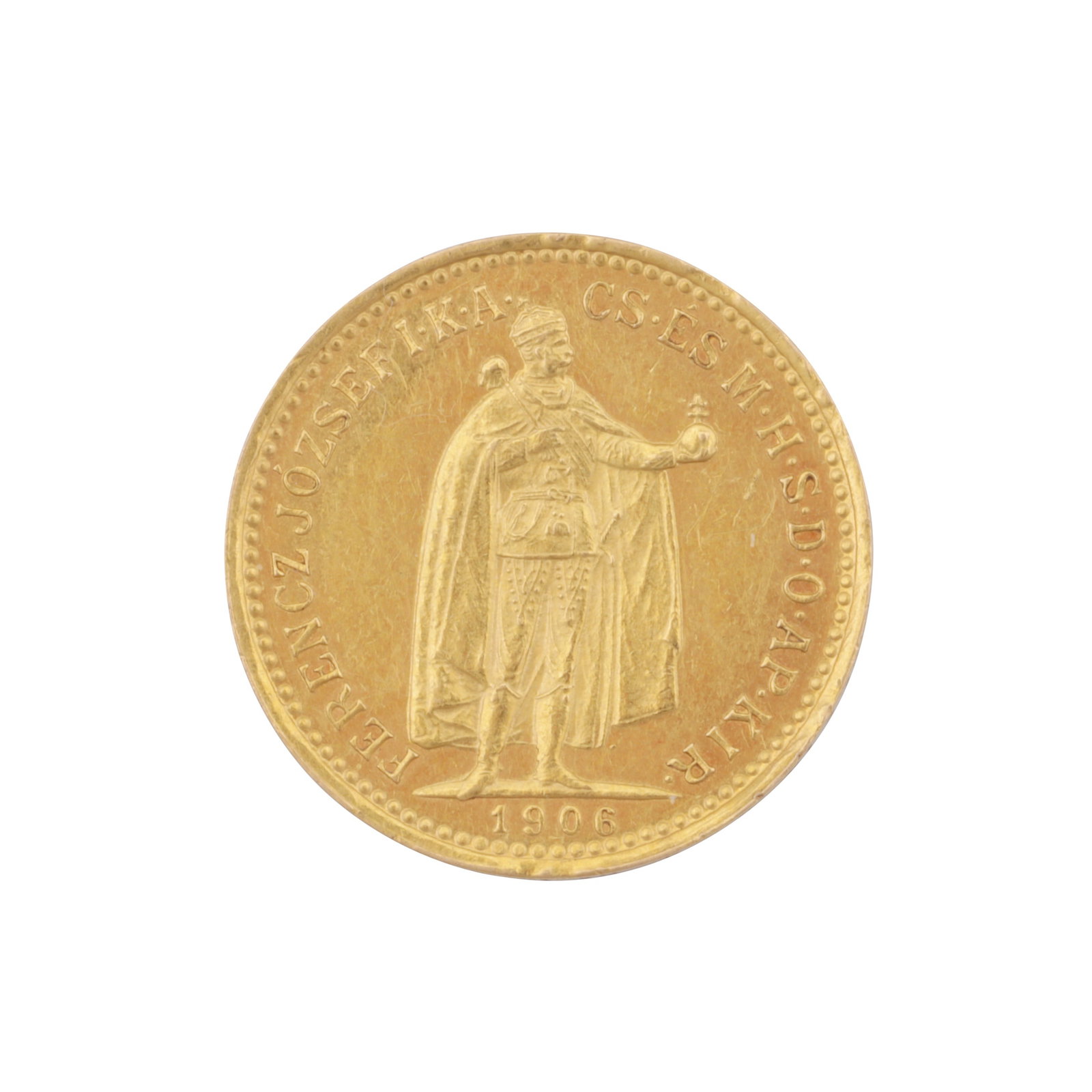 Hungarian gold 10 korona, 1906 Yellow metal: Hungarian gold 10 korona, 1906 Yellow metal obv. Ferencz Jozsef I with orb & sceptre, rev. crowned coat of arms and supporting angels