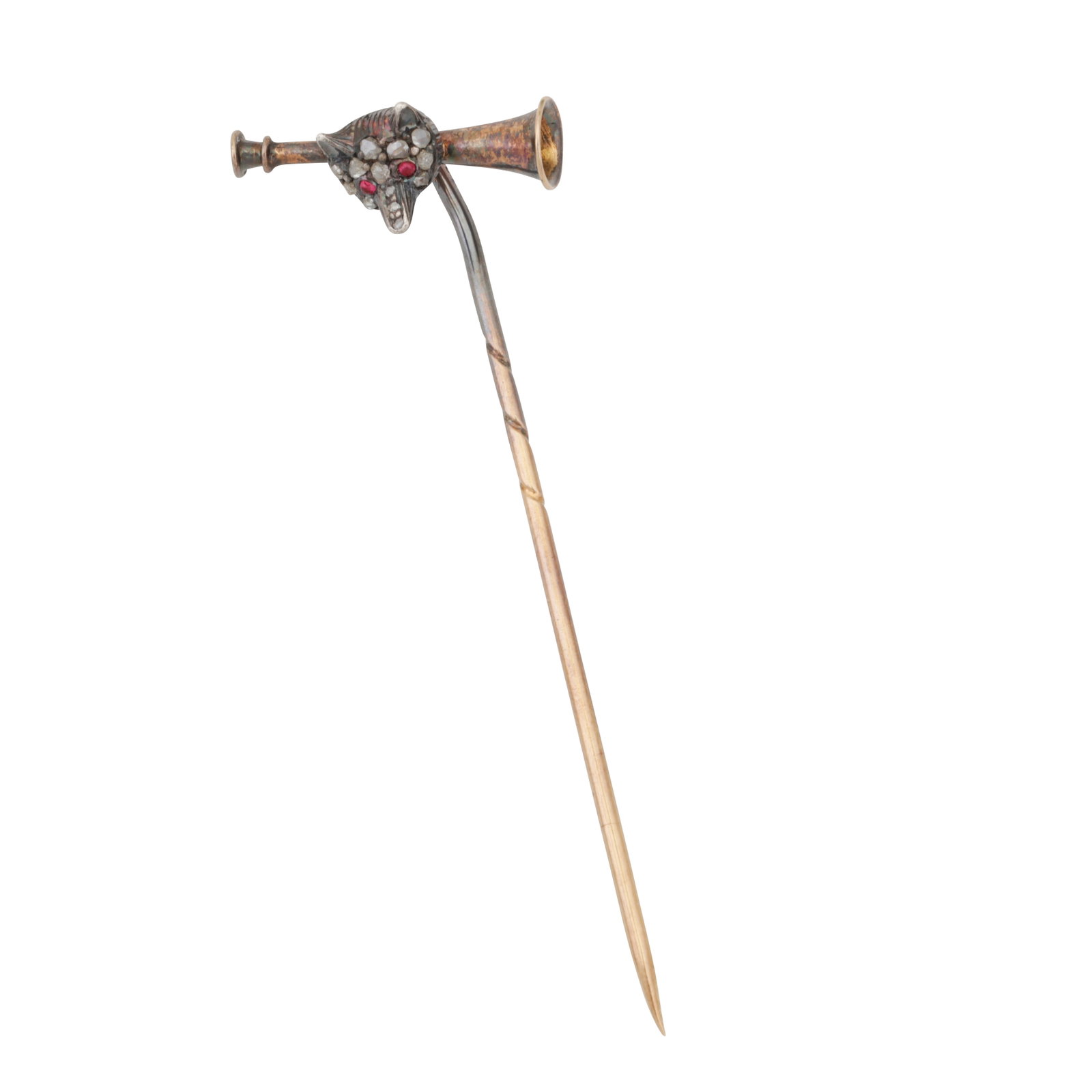 A fox stick pin Yellow and white: A fox stick pin Yellow and white Set with ruby cabochon eyes and rose cut diamonds; set in bi-colour metal, unmarked, length 5.5cm