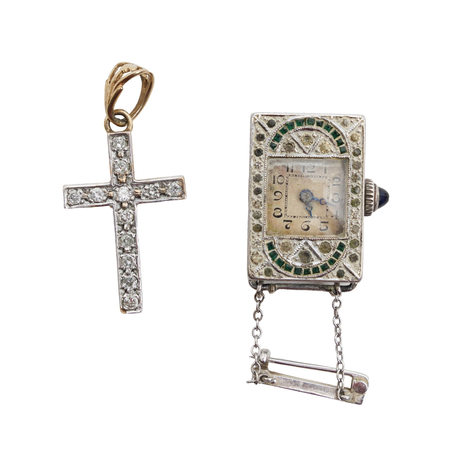 A Diamond Cross & Pendant Watch: A Diamond Cross & Pendant Watch A 9K gold and diamond-set cross pendant, together with an Art Deco period chromed .925 silver cased pendant watch, silvered dial, Breguet numerals, and set with paste