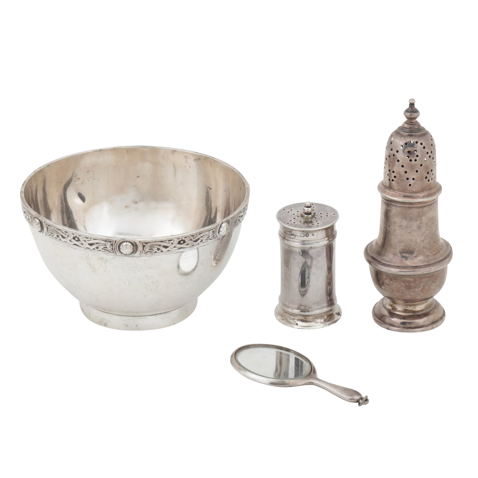 London 1946 by Wakeley and Wheeler A George VI sterling silver bowl: London 1946 by Wakeley and Wheeler A George VI sterling silver bowl Of circular form, upon a collet foot, the rim with band of celtic knot decoration. Together with an Edwardian sterling silver sugar