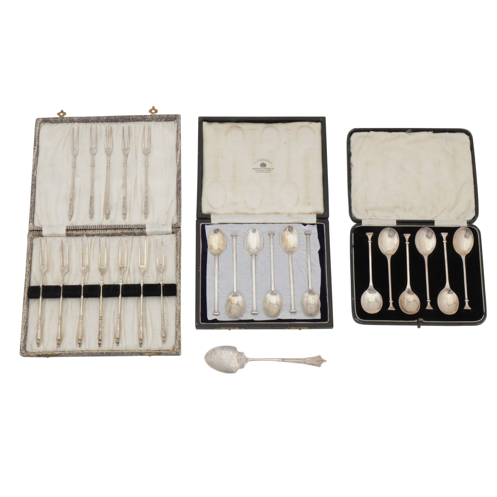 A mixed group of cased flatware: A mixed group of cased flatware Comprising sterling spoons, and a set of 800 standard cake forks. (Q) 925 weight – 130 grams / 4.18 ozt 800 weight – 175 grams / 5.63 ozt