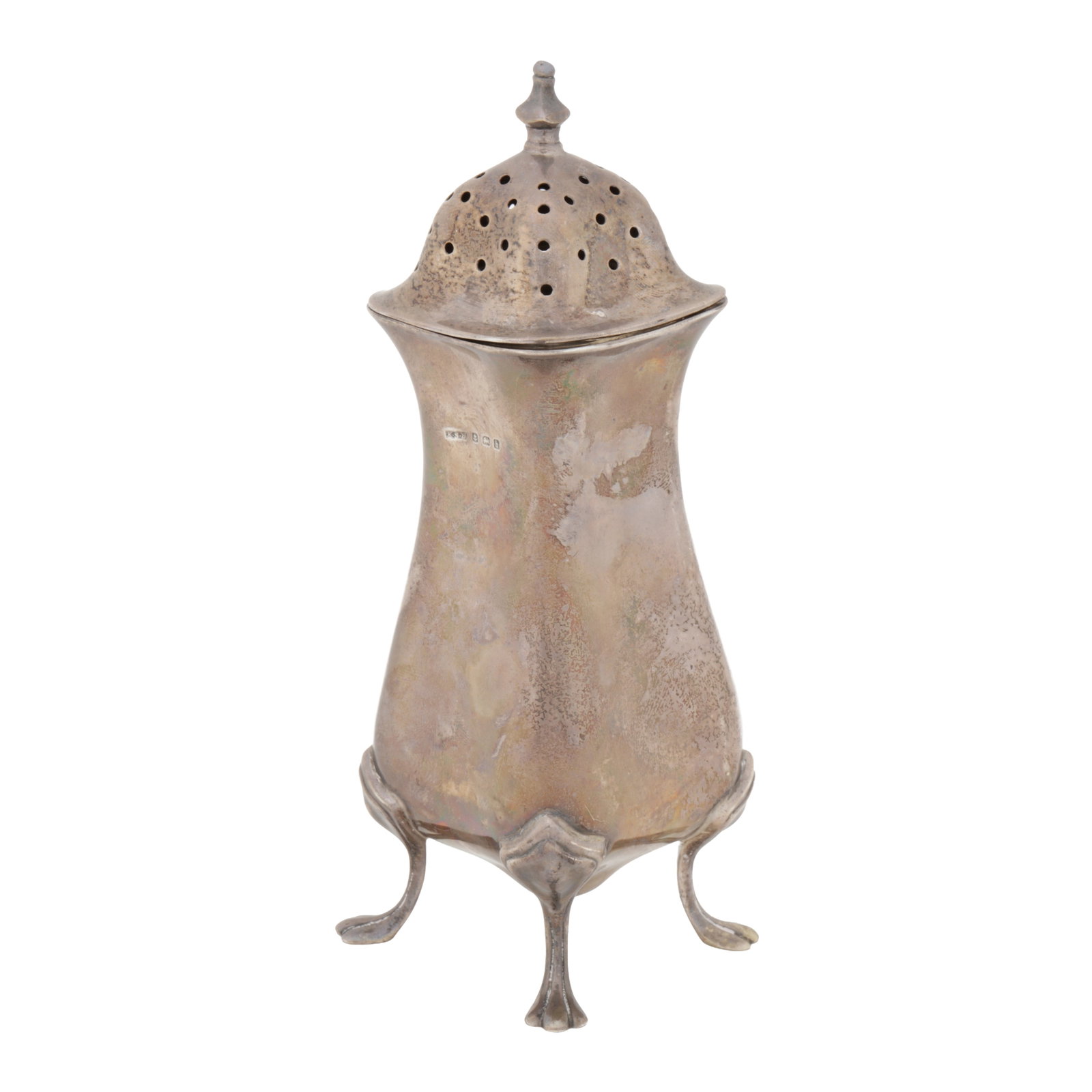 Birmingham 1907 by E S Barnsley and Co An Edwardian sterling silver sugar caster: Birmingham 1907 by E S Barnsley and Co An Edwardian sterling silver sugar caster Four sided lobed form, on four feet. Weight – 231 grams / 7.43 ozt