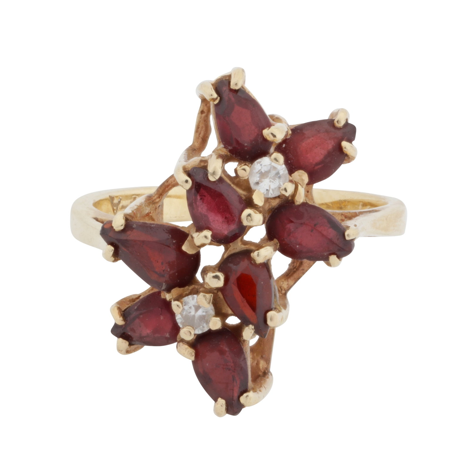 A garnet and diamond ring Yellow metal: A garnet and diamond ring Yellow metal Set with pear-shaped garnets, accented by two brilliant-cut diamonds, pierced raised gallery, pointed shoulders, stamped 14K, size K