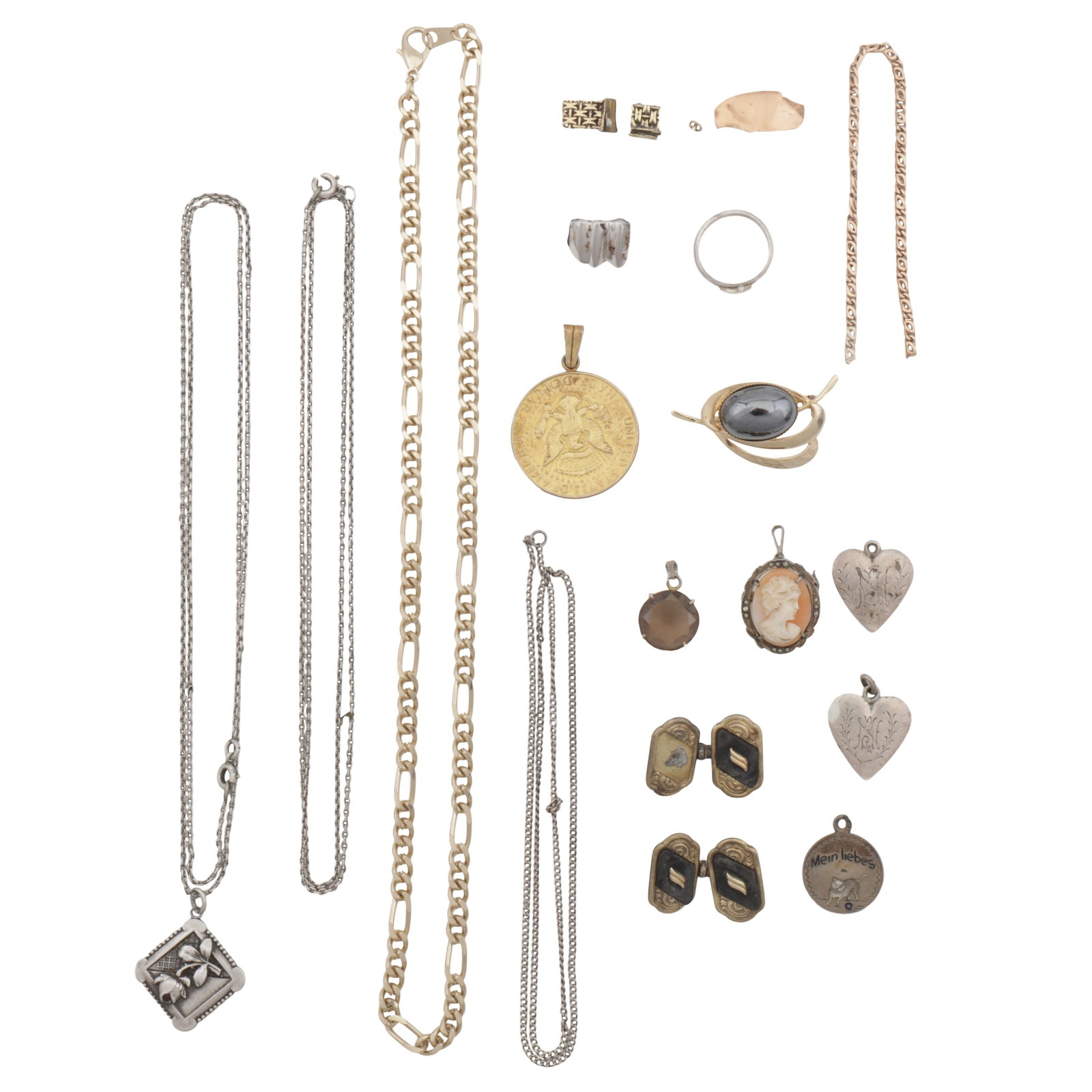 A group of jewellery White and yellow metal: A group of jewellery White and yellow metal Including three white metal pendants; a yellow metal smoky quartz pendant; a white metal ring; a white metal chain pendant necklace; a pair of yellow metal 