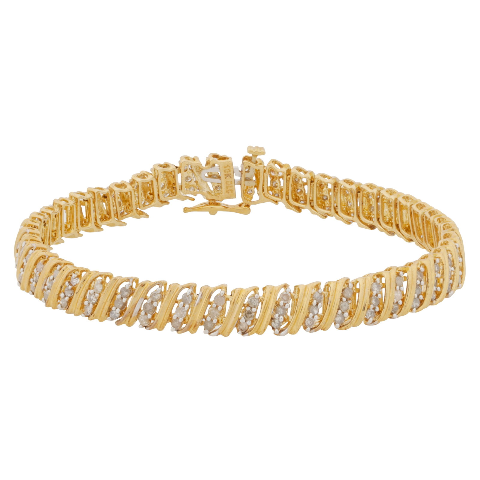 A diamond bracelet Yellow and white metal: A diamond bracelet Yellow and white metal Of articulated design, claw-set with single-cut diamonds, concealed box clasp and safety catch, diamonds approx. 0.70 carat total, stamped 10K, length 18.6cm