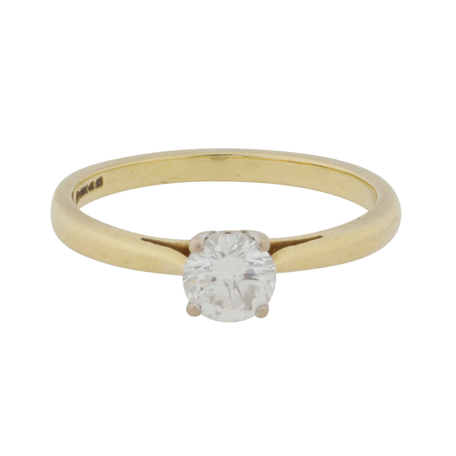 A diamond single stone ring 18ct yellow and white gold: A diamond single stone ring 18ct yellow and white gold Claw-set with a brilliant-cut diamond centre, to tapered shoulderd, maker's mark, UK hallmark, size N
