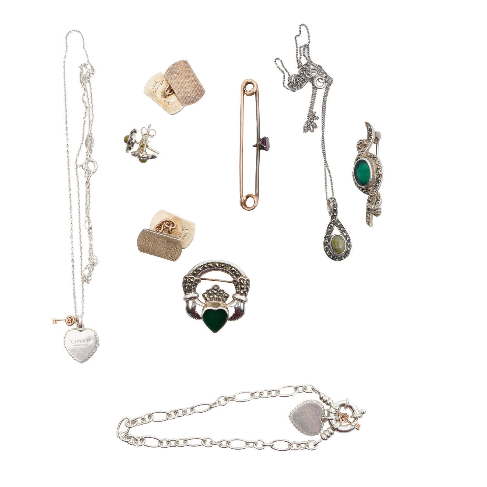 A group of jewellery Yellow and white metal: A group of jewellery Yellow and white metal To include a chalcedony and marcassite pendant necklace and earring suite; two green agate and marcassite brooches; a heart bracelet and necklace suite by
