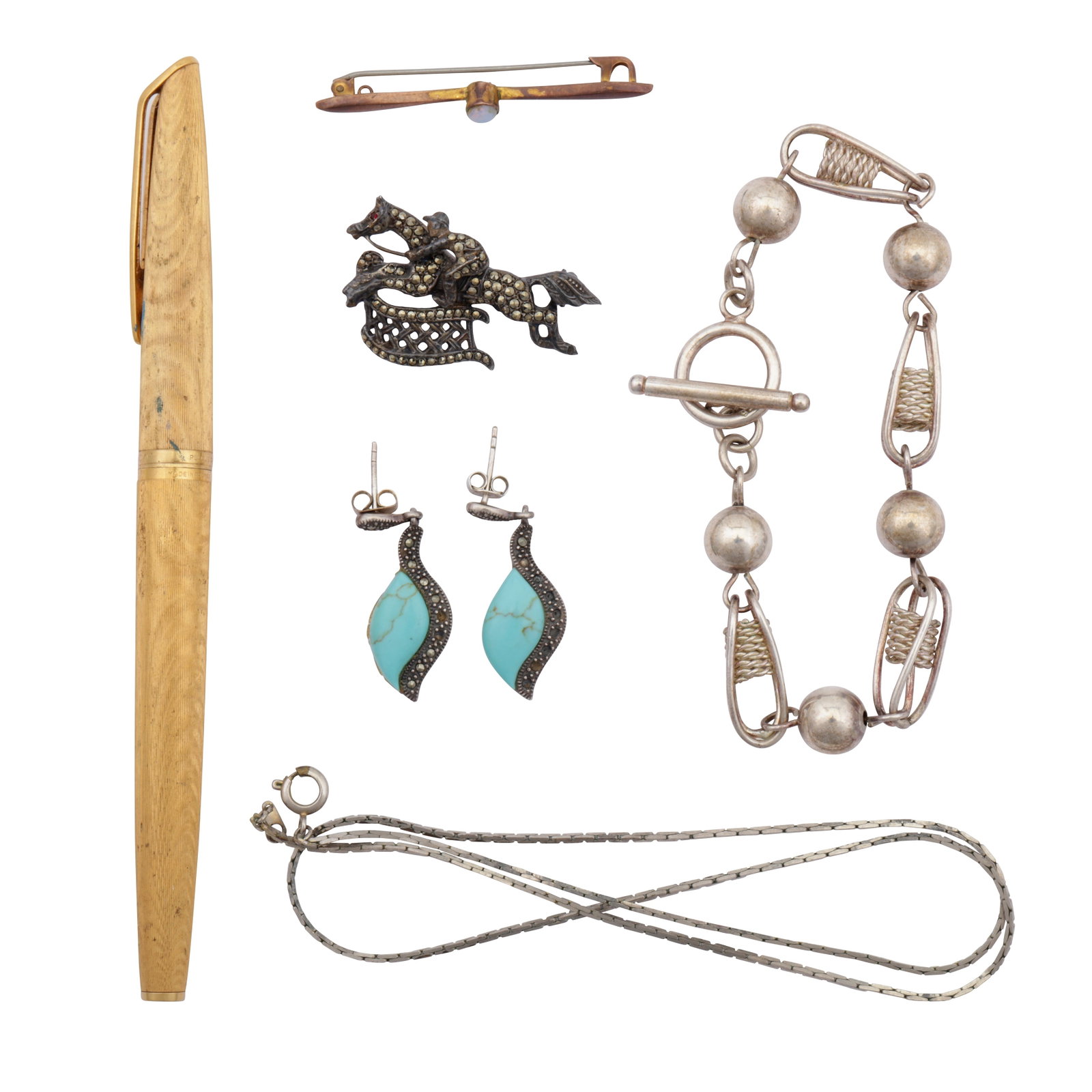 A collection of jewellery with a pen Yellow and white metal: A collection of jewellery with a pen Yellow and white metal To include a pair of turquoise leaf pendant earrings, a marcasite riding horse brooch, an opal bar brooch stamped 9Ct, a serpentine-chain