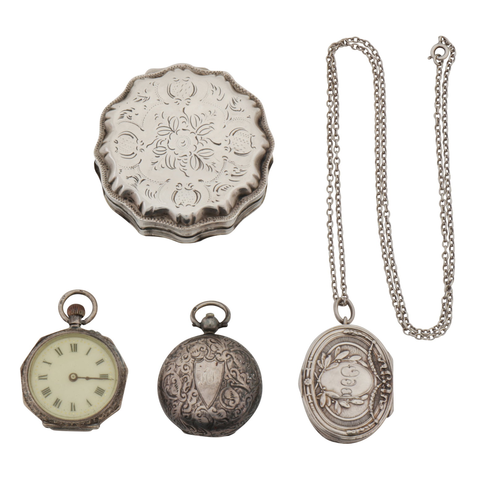 Birmingham 1890 by Samuel M Levi A Victorian sterling silver sovereign case: Birmingham 1890 by Samuel M Levi A Victorian sterling silver sovereign case Engraved. Together with a Dutch box, a box on chain with French import marks, and a small pocket watch with enamelled and en
