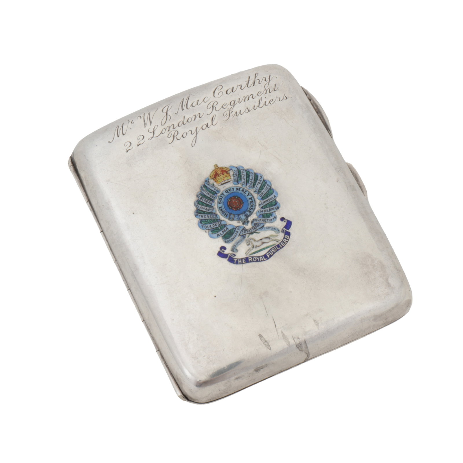 Royal Fusiliers - Birmingham 1915 by S Blanckensee and Son Ltd A George V sterling silver and enamel: Royal Fusiliers - Birmingham 1915 by S Blanckensee and Son Ltd A George V sterling silver and enamel cigarette case Of curved rectangular form with a push button release. The front with an enamelled
