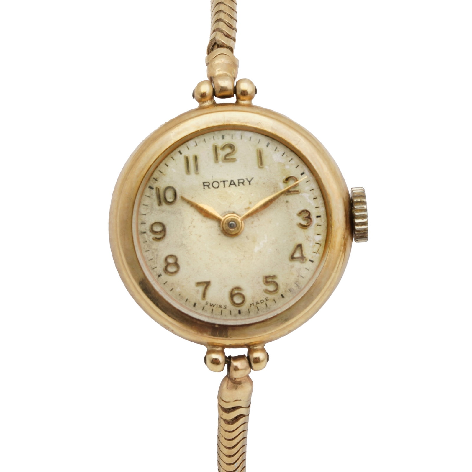 A Ladies Rotary Bracelet Watch 9K Gold: A Ladies Rotary Bracelet Watch 9K Gold Model/Type: Dress Date: c.1959 Movement: Mechanical, hand-wound, cal.405 Dial: Silvered, applied gilt-metal Arabic numerals, gilt-metal sword hands Case: 9K