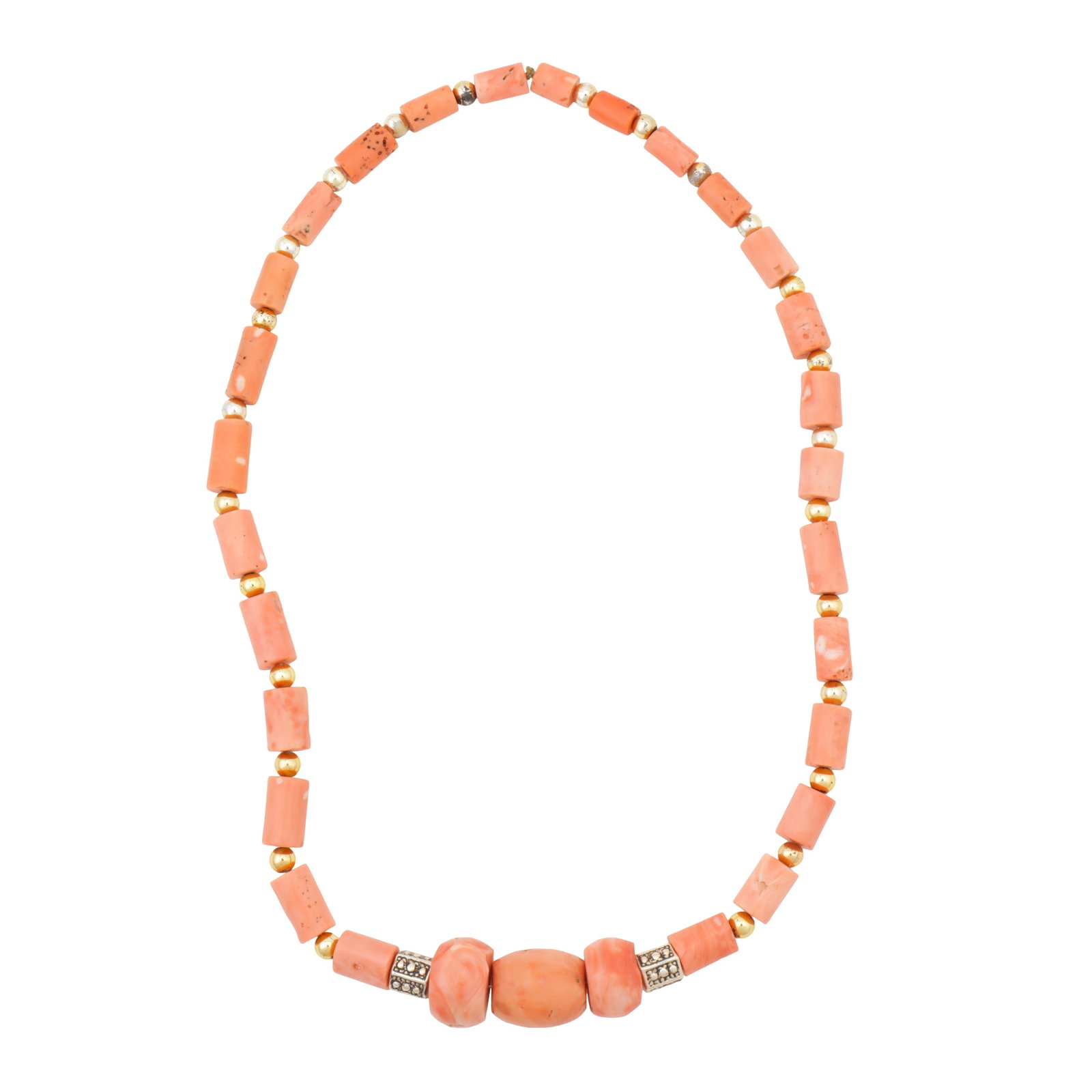 A single strand coral necklace Yellow and white metal: A single strand coral necklace Yellow and white metal Composed of tubular and rondelle coral beads, accented by spherical and hexagonal metal beads; metal unmarked and untested