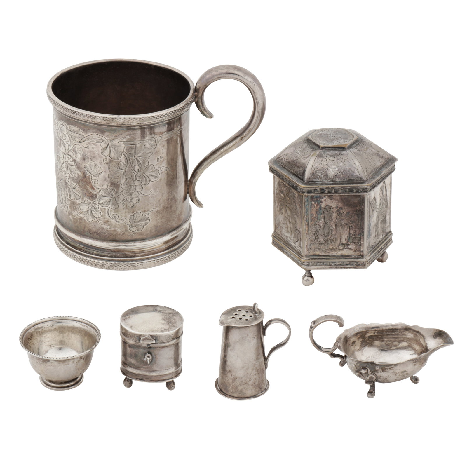 New York dated 1861 by Ball, Black and Co A mid-19th century American sterling silver small mug: New York dated 1861 by Ball, Black and Co A mid-19th century American sterling silver small mug Of cylindrical form with a moulded rim and C scroll handle. Engraved decoration of fruiting vine, the fr