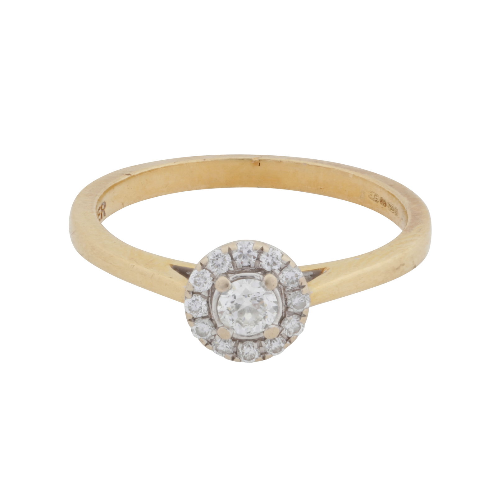 A diamond halo ring 18ct yellow and white gold: A diamond halo ring 18ct yellow and white gold Set with brilliant-cut diamonds, tapered shoulders, shank engraved forever and set with a single-cut diamond, diamonds approx. 0.25 carat total, maker's