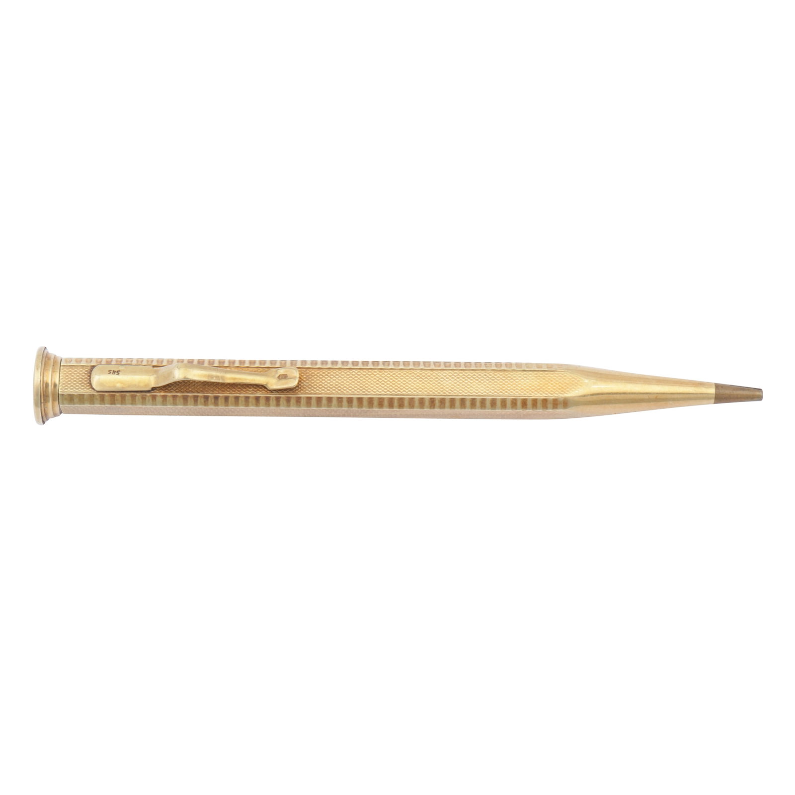 A propelling pencil Yellow metal: A propelling pencil Yellow metal Engine turned decoration, stamped 585, length 11.0cm