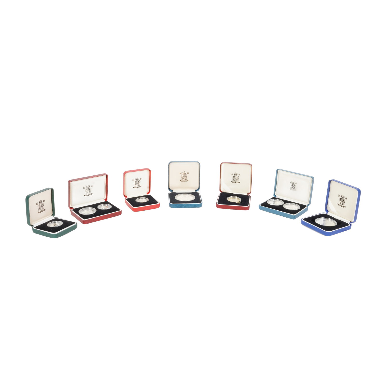 A group of GB proof sterling silver coins, seven in original boxes: A group of GB proof sterling silver coins, seven in original boxes The group to comprise of 1990 Piedfort five pence, a 1993 proof £1, a 1990 proof crown, a 1998 proof crown, a 1998 proof