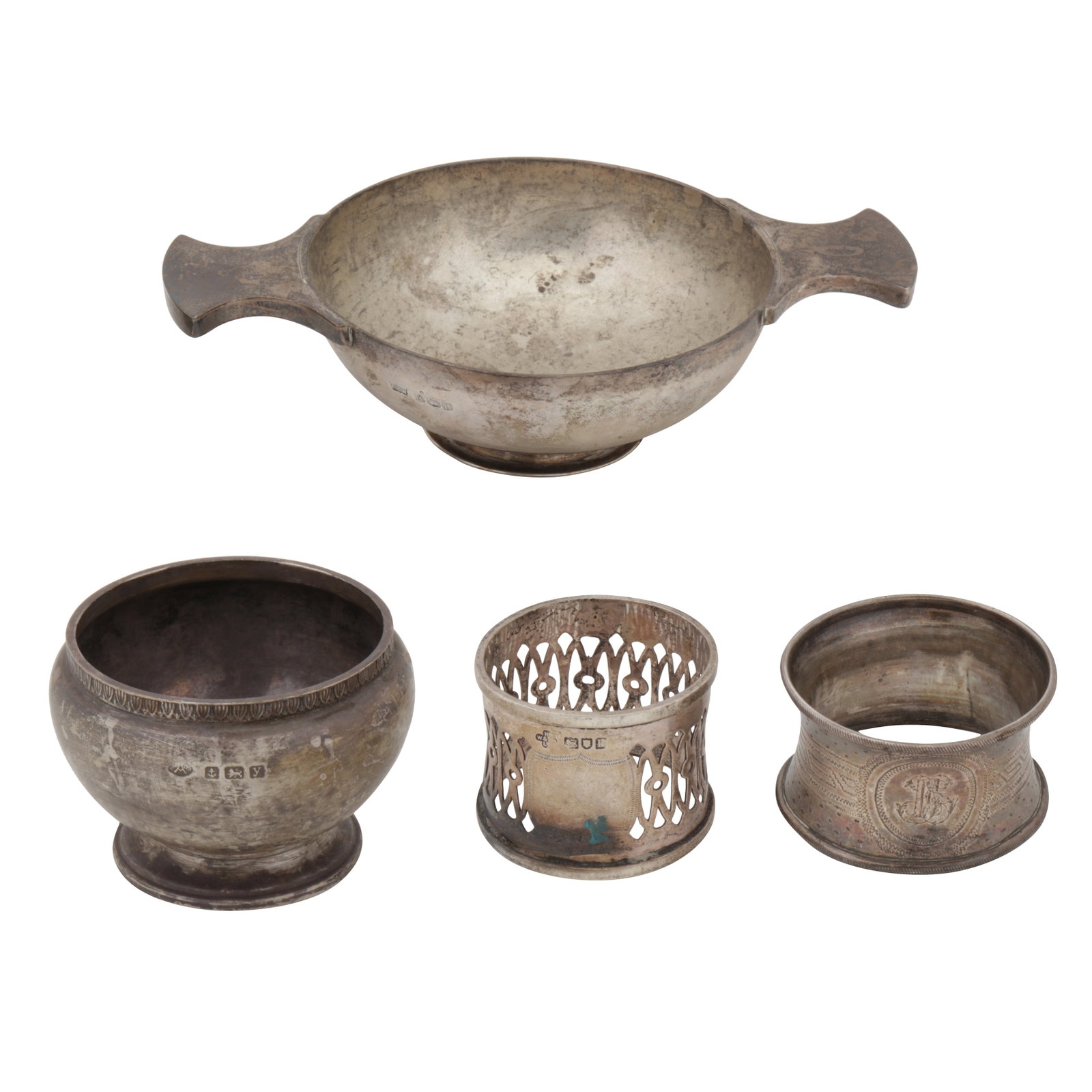 Sheffield 1930 by Mapping and Webb A George V sterling silver quaich bowl: Sheffield 1930 by Mapping and Webb A George V sterling silver quaich bowl Of rounded circular form. Together with an Adie Brothers bowl and two napkin rings. (4) Weight – 340 grams / 10.93 ozt