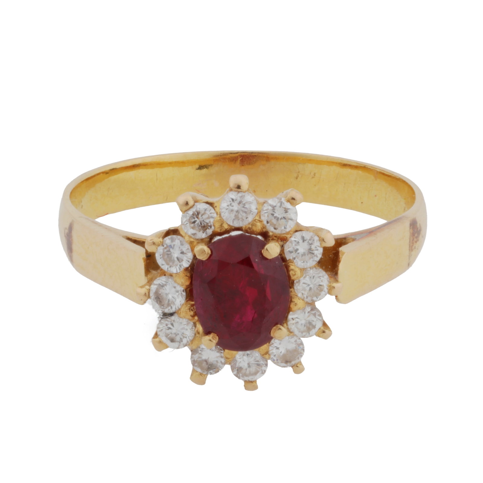A ruby and diamond cluster ring Yellow metal: A ruby and diamond cluster ring Yellow metal Of flowerhead design, set with an oval ruby, to a brilliant-cut diamond surround, mounted in yellow metal, diamonds appro. 0.25 carat total, unmarked,