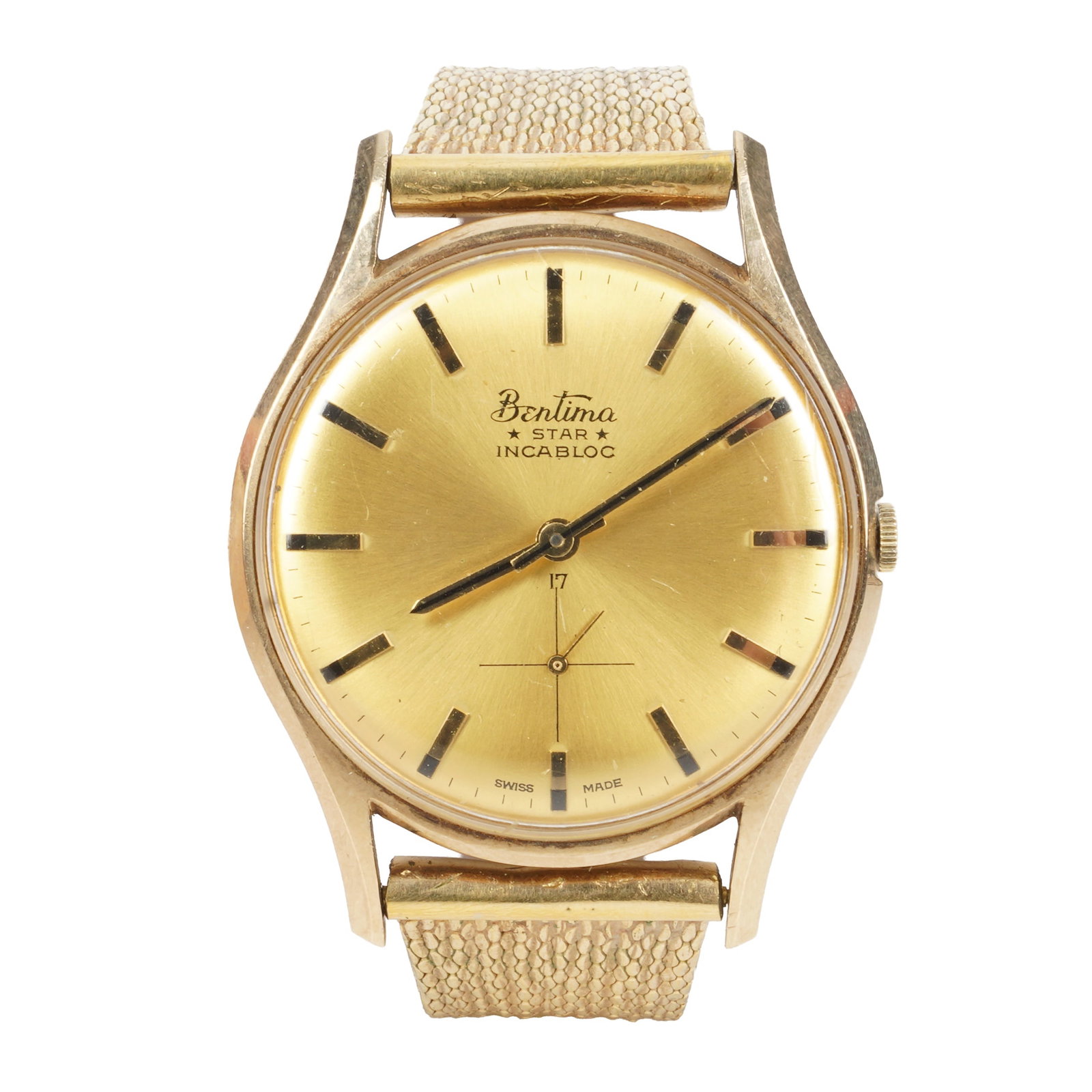 Gents Bentima Bracelet Watch 9K Gold (Watch): Gents Bentima Bracelet Watch 9K Gold (Watch) Model/Type: 'Star' dress watch Date: c. late 1960's (Retailed 1971) Movement: Incabloc, mechanical hand-wound Dial: Gilt sunburst, outer minute scale,