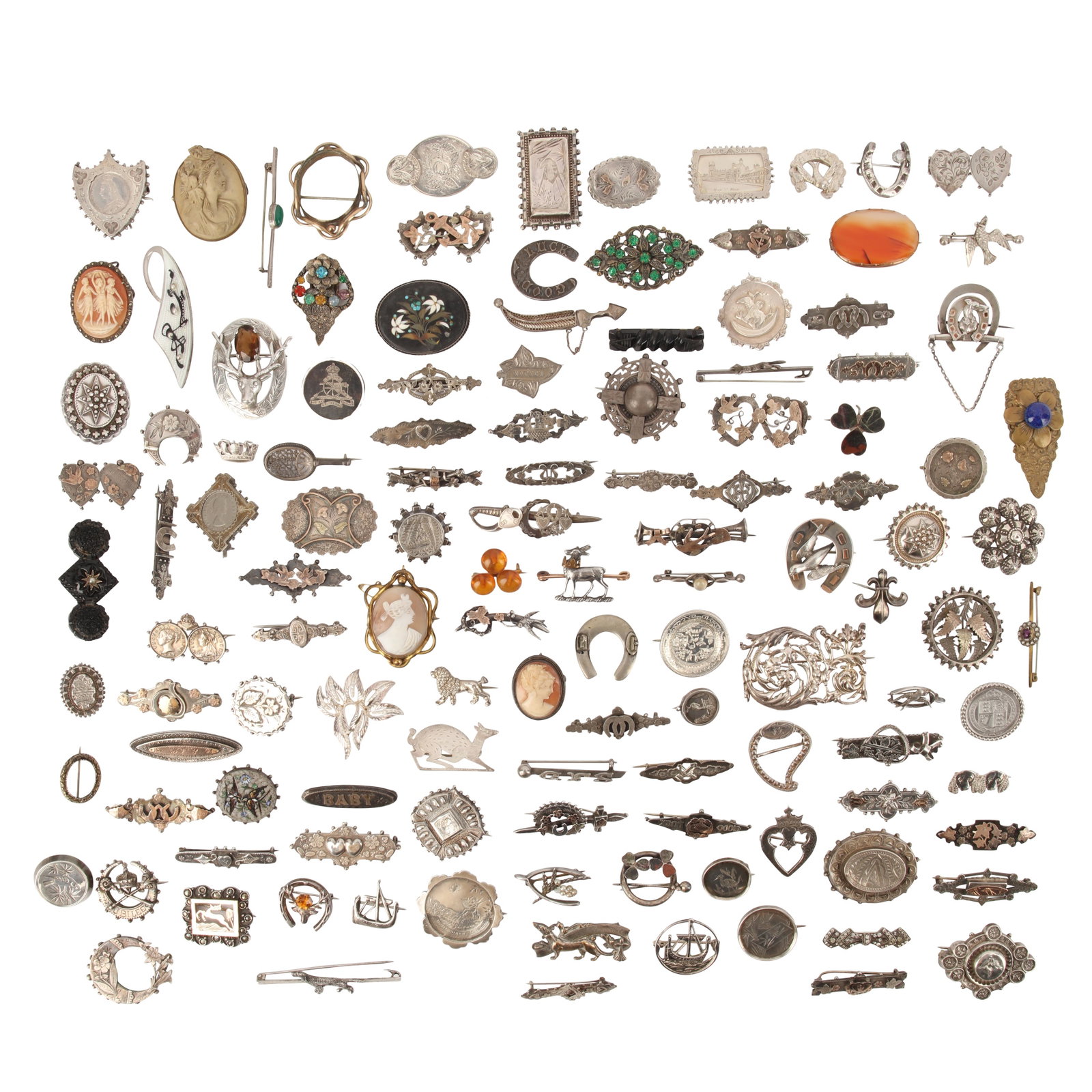 A collection of brooches Yellow and white metal: A collection of brooches Yellow and white metal Of various designs, some set with gemstones and shell cameos, mounted in white metal, some stamped silver, others unmarked and untested, various shapes
