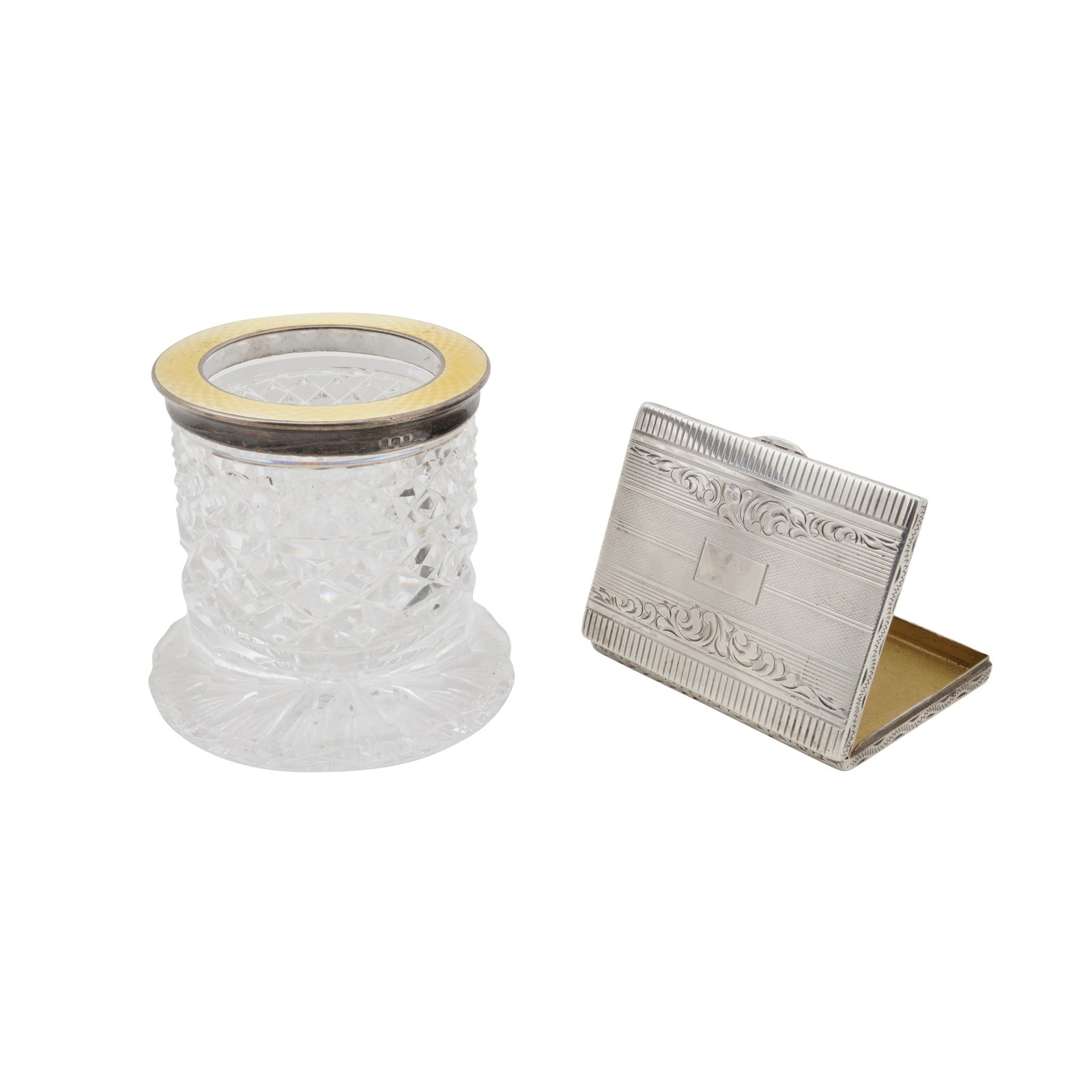 London 1931, no maker’s mark A George V sterling silver and guilloche enamel mounted glass spi: London 1931, no maker’s mark A George V sterling silver and guilloche enamel mounted glass spill case Of cylindrical form with a yellow enamel top. Together with Czech 900 standard cigarette cas