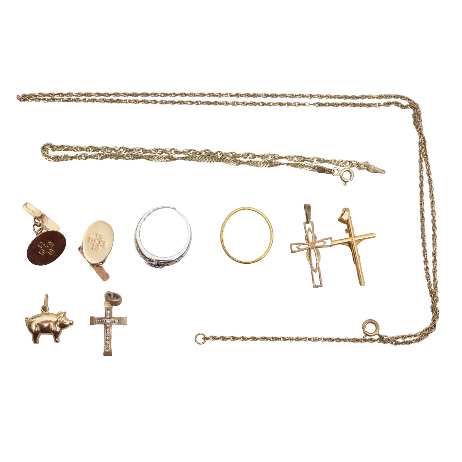 A collection of jewellery Yellow and white metal: A collection of jewellery Yellow and white metal To include a rope-twist chain necklace and a bracelet, a pair of chain-link oval cufflinks, three cross pendants, one of them set with brilliant-cut di