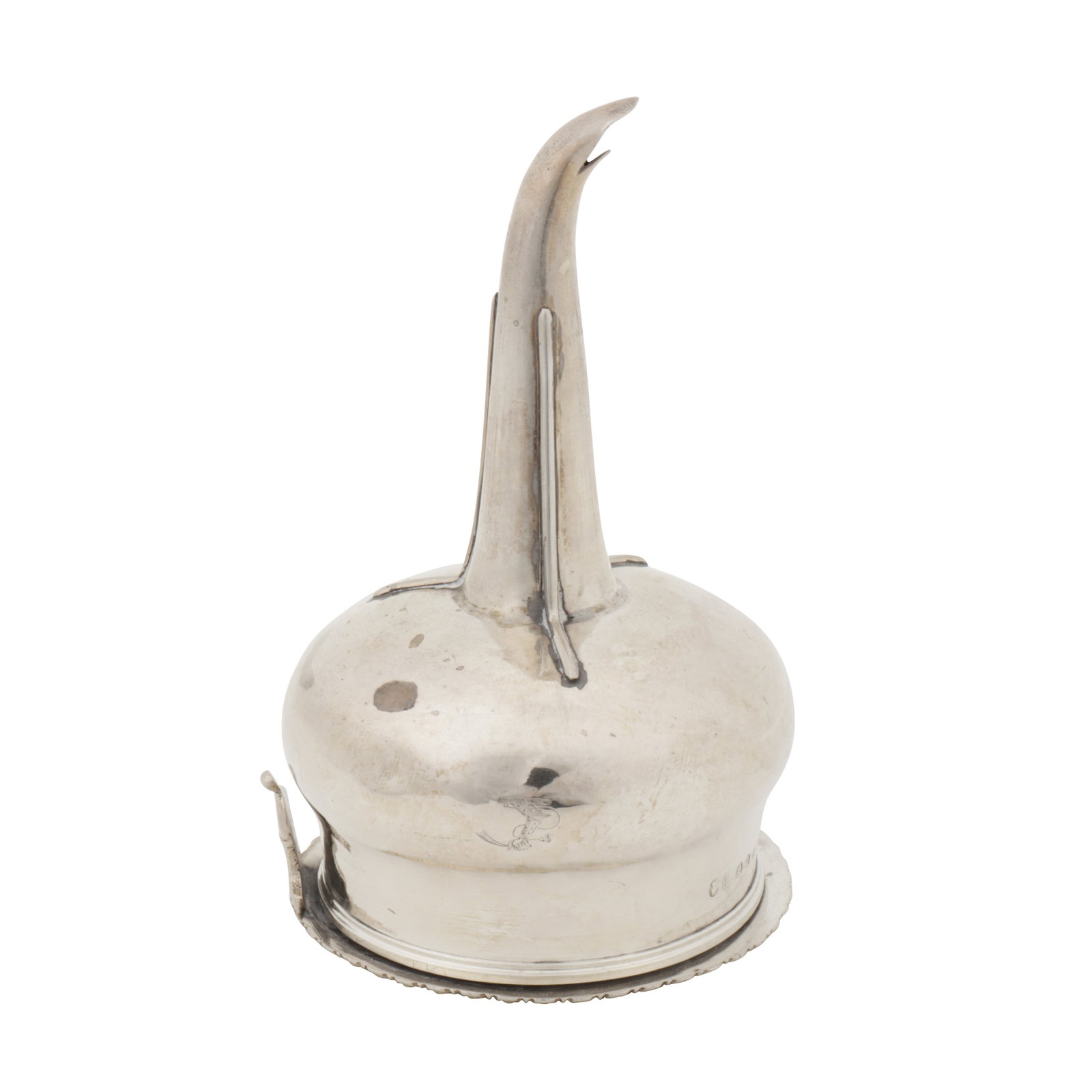 London 1824 by Thomas Johnson A George IV sterling silver wine funnel: London 1824 by Thomas Johnson A George IV sterling silver wine funnel Of rounded baluster form, pull out strainer with an ovolo rim. Engraved to the side with a crest of an arm in armour, environed in