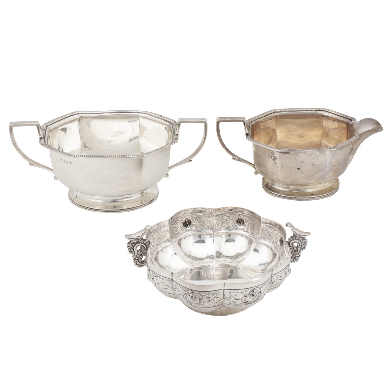 Birmingham 1913 by Adie Brothers A George V sterling silver milk jug and sugar bowl: Birmingham 1913 by Adie Brothers A George V sterling silver milk jug and sugar bowl Elongated octagonal form. Together with a 20th century Mexican dish, Mexico City by Sanborns. (3) Weight -524 grams