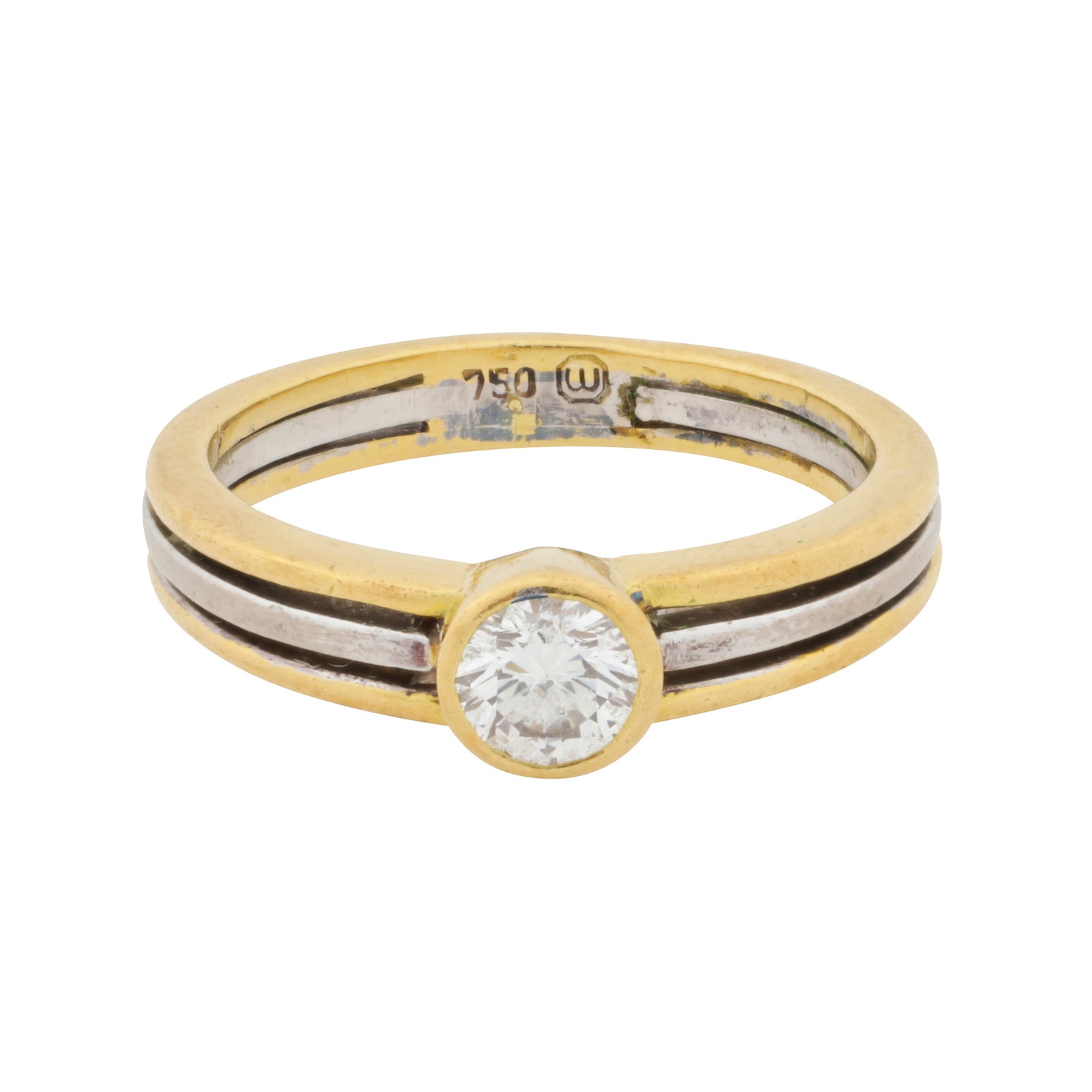 A single-stone diamond ring White and yellow metal: A single-stone diamond ring White and yellow metal Collet-set with a brilliant-cut diamond weighing approx. 0.30 carat total, to a trifurcated bi-colour mount, stamped '750', ring size K