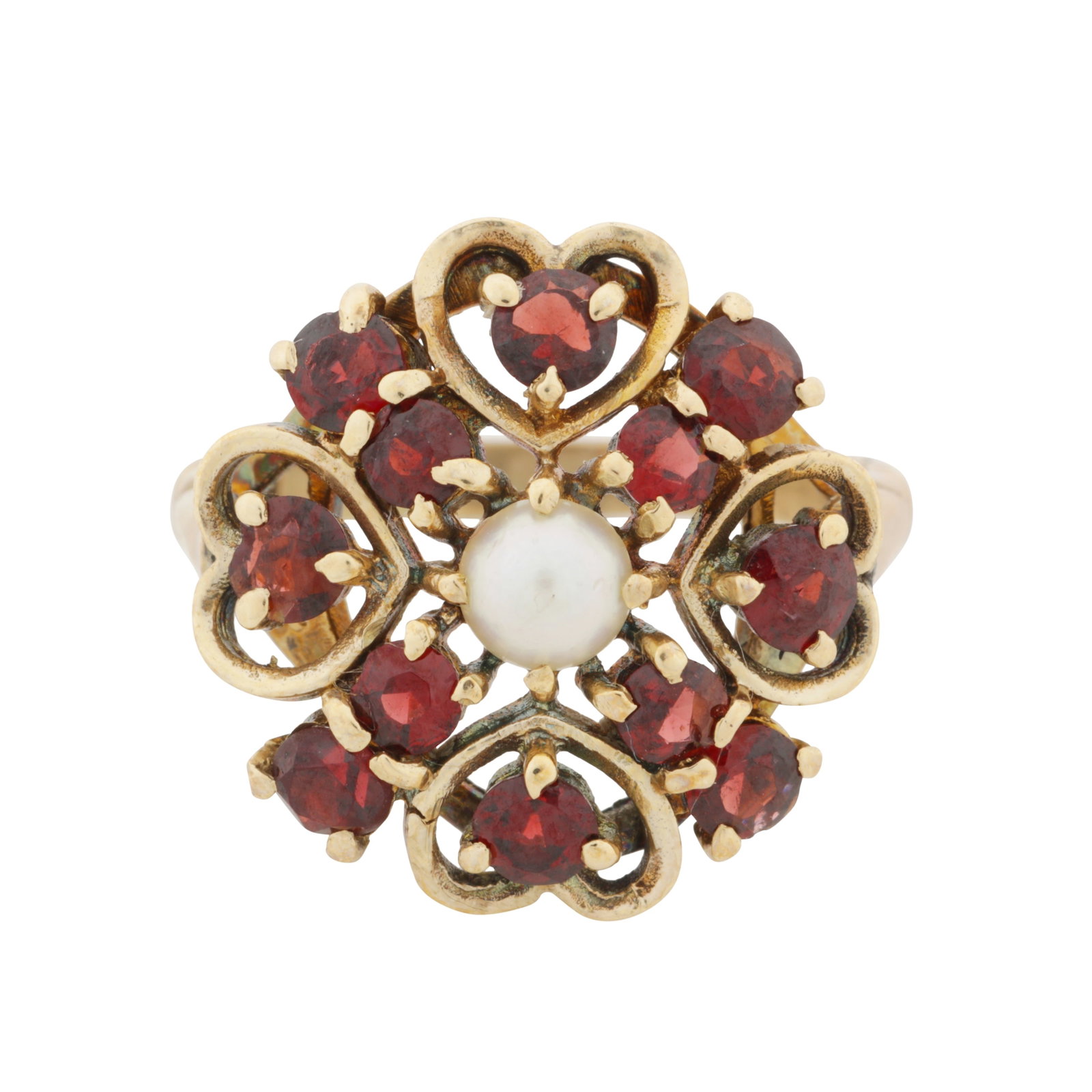 A garnet and pearl flower ring 9ct yellow gold: A garnet and pearl flower ring 9ct yellow gold Of pierced design, centrally set with a split pearl, surrounded by circular-cut garnets, maker's mark, UK hallmark, ring size N